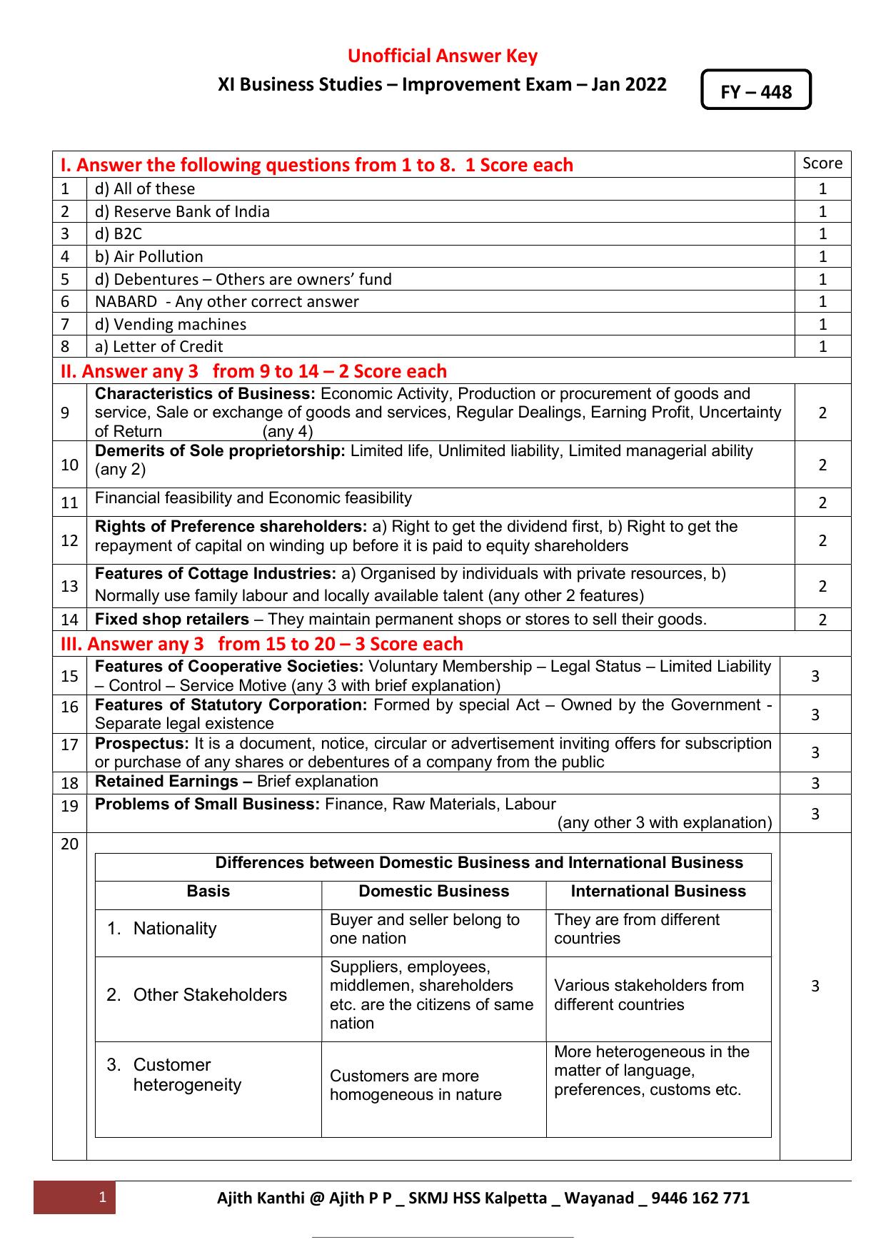 Kerala Plus One 2022 Business Studies Improvement Answer Key - Page 1