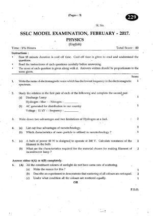 Kerala SSLC 2017 Physics Question paper (EM) (Model)