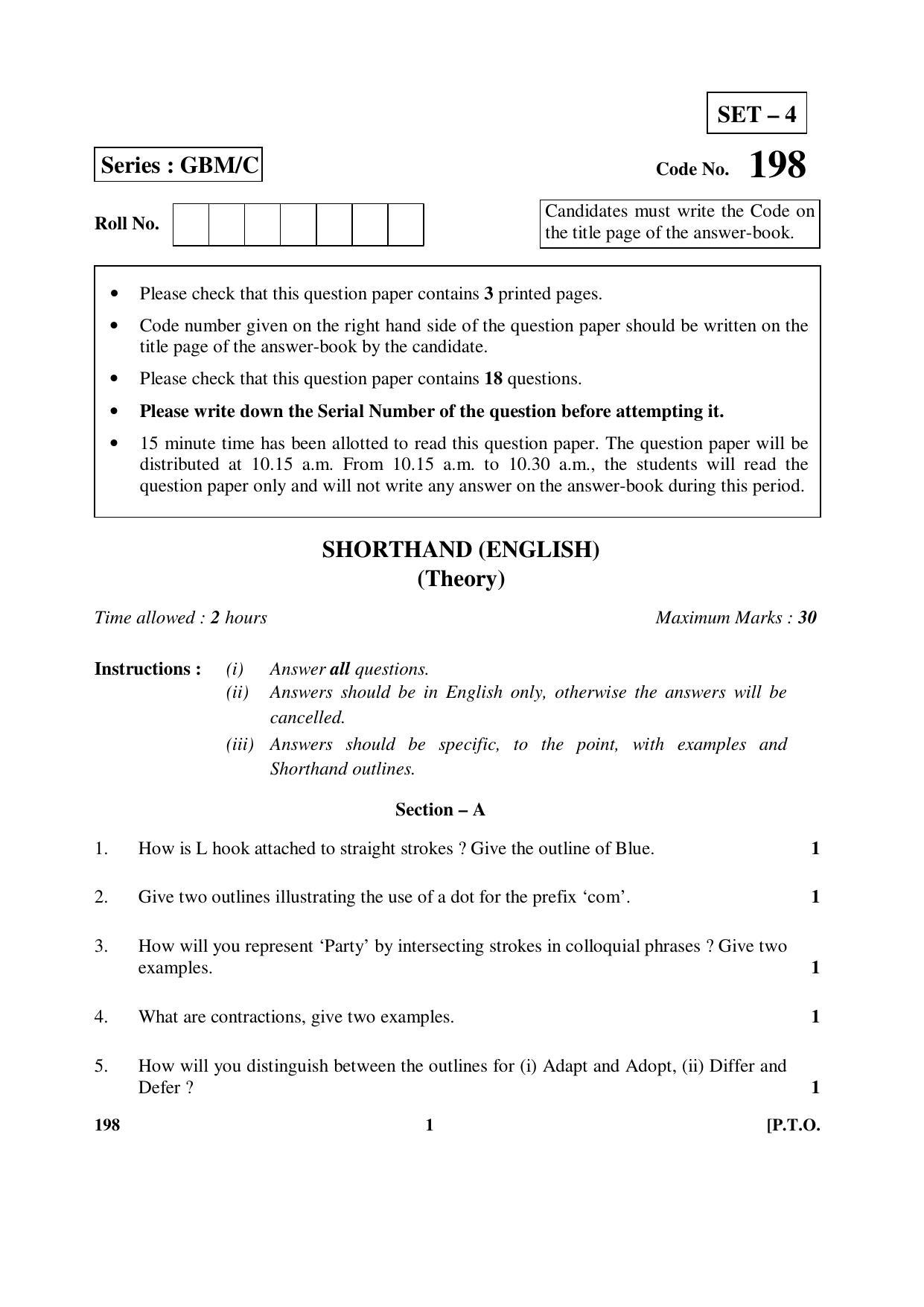 CBSE Class 12 198 (Shorthand English) 2017-comptt Question Paper - Page 1