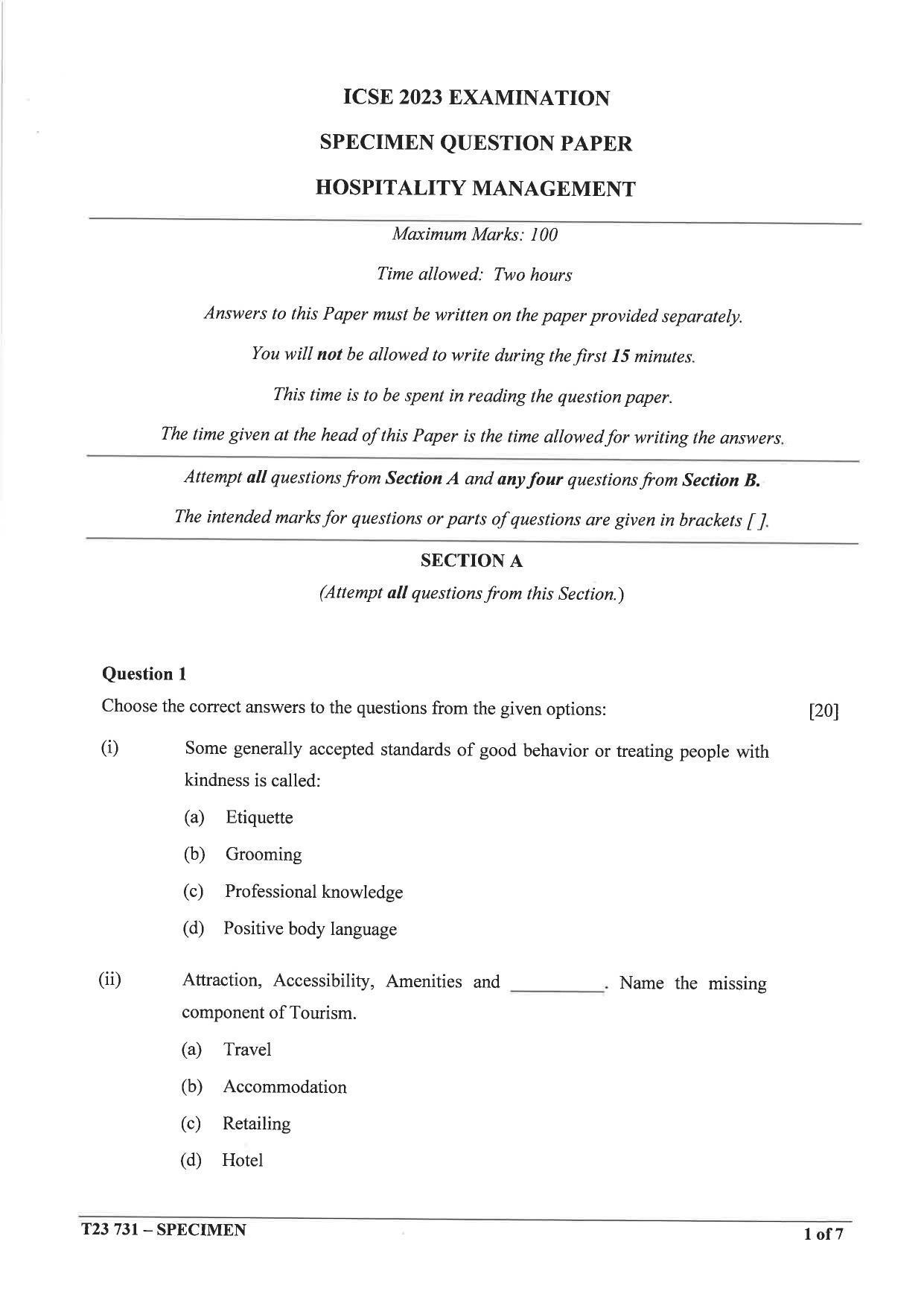 ICSE Class 10 Hospitality Management Sample Paper 2023 - Page 1
