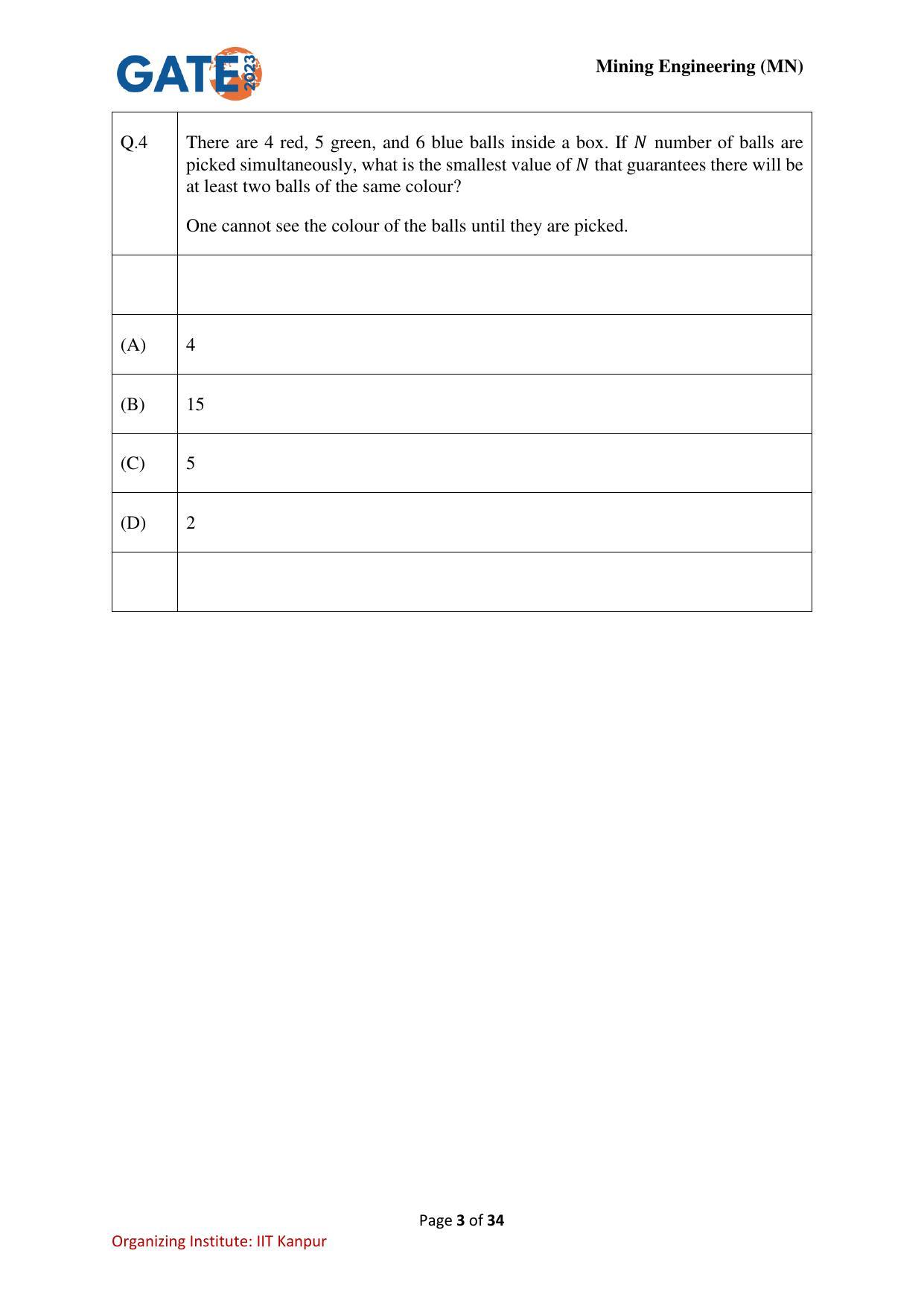 GATE 2023 Mining Engineering (MN) Question Paper - Page 3