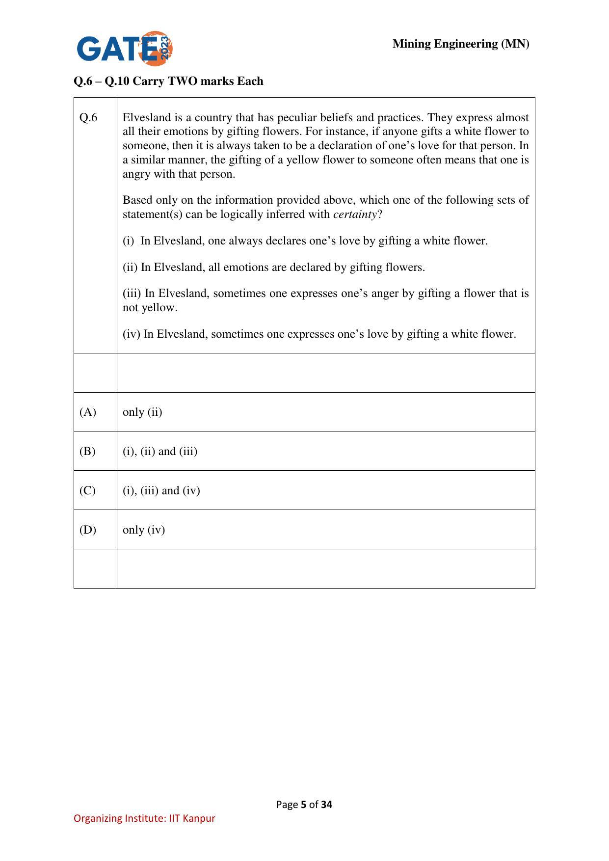 GATE 2023 Mining Engineering (MN) Question Paper - Page 5