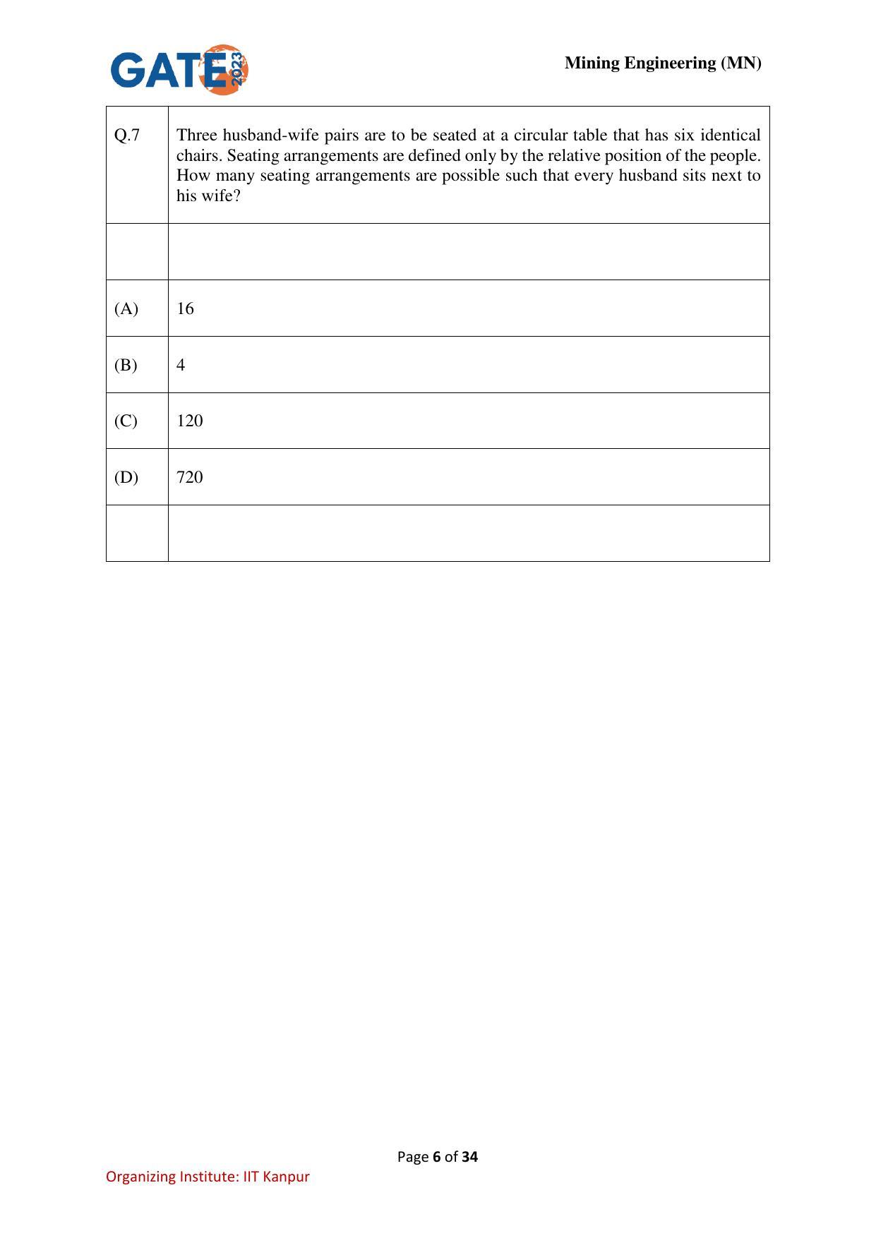 GATE 2023 Mining Engineering (MN) Question Paper - Page 6