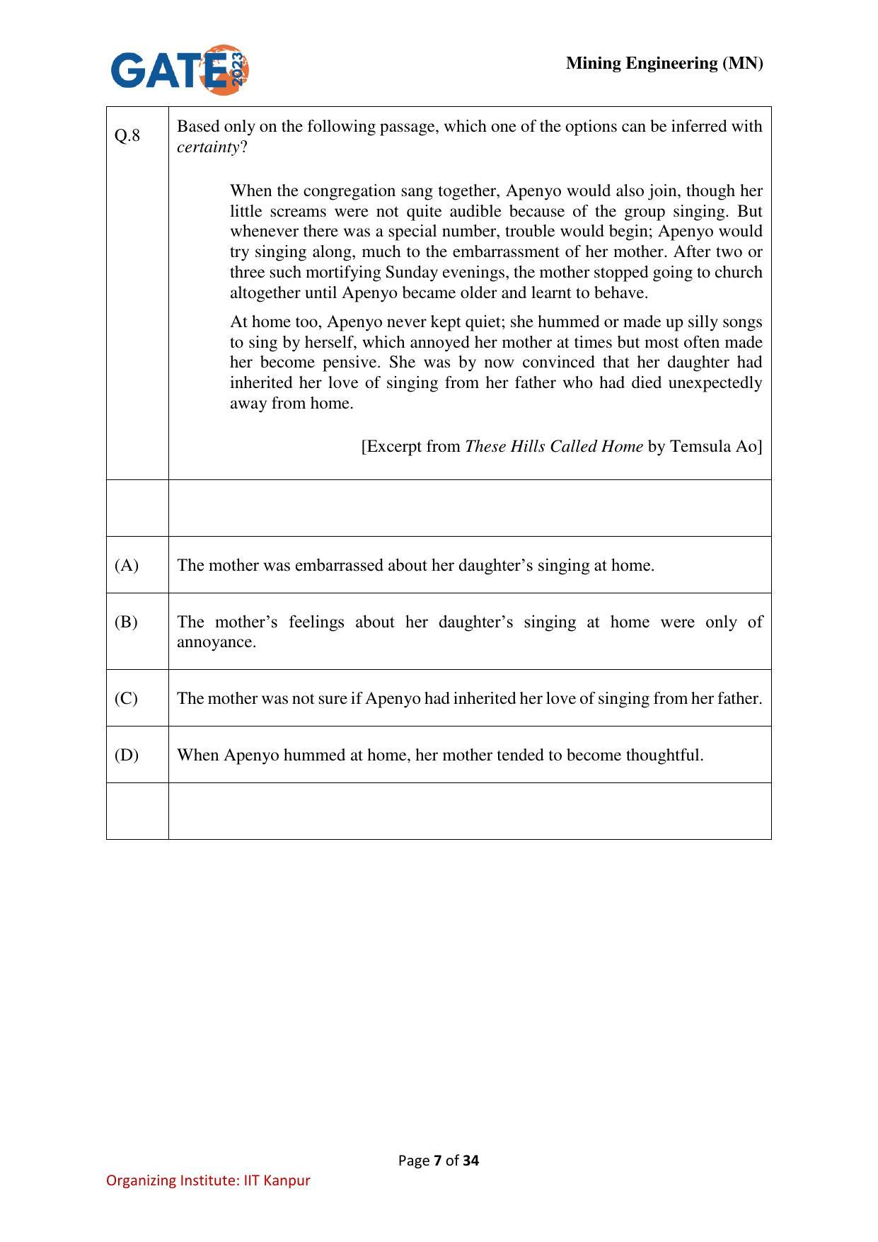 GATE 2023 Mining Engineering (MN) Question Paper - Page 7