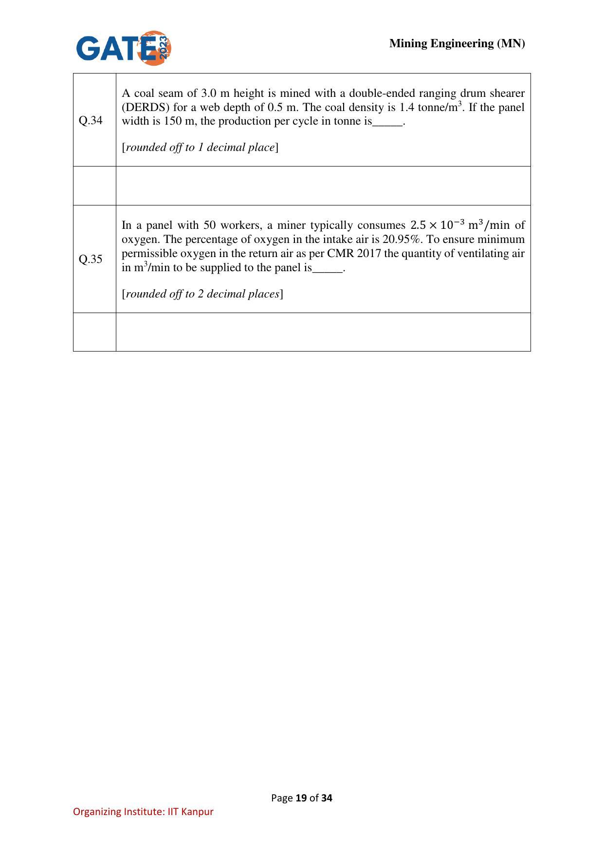 GATE 2023 Mining Engineering (MN) Question Paper - Page 19