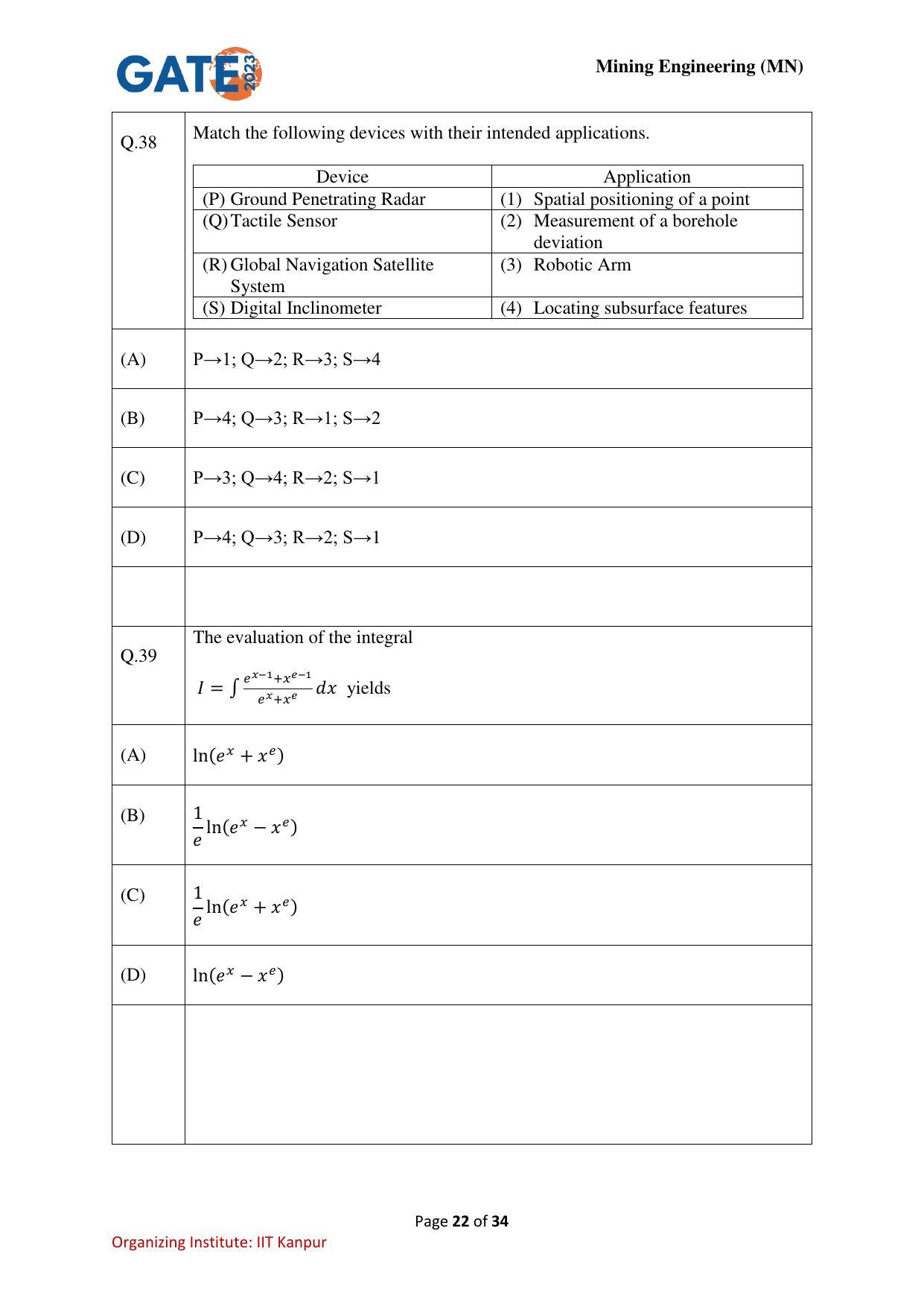 GATE 2023 Mining Engineering (MN) Question Paper - Page 22