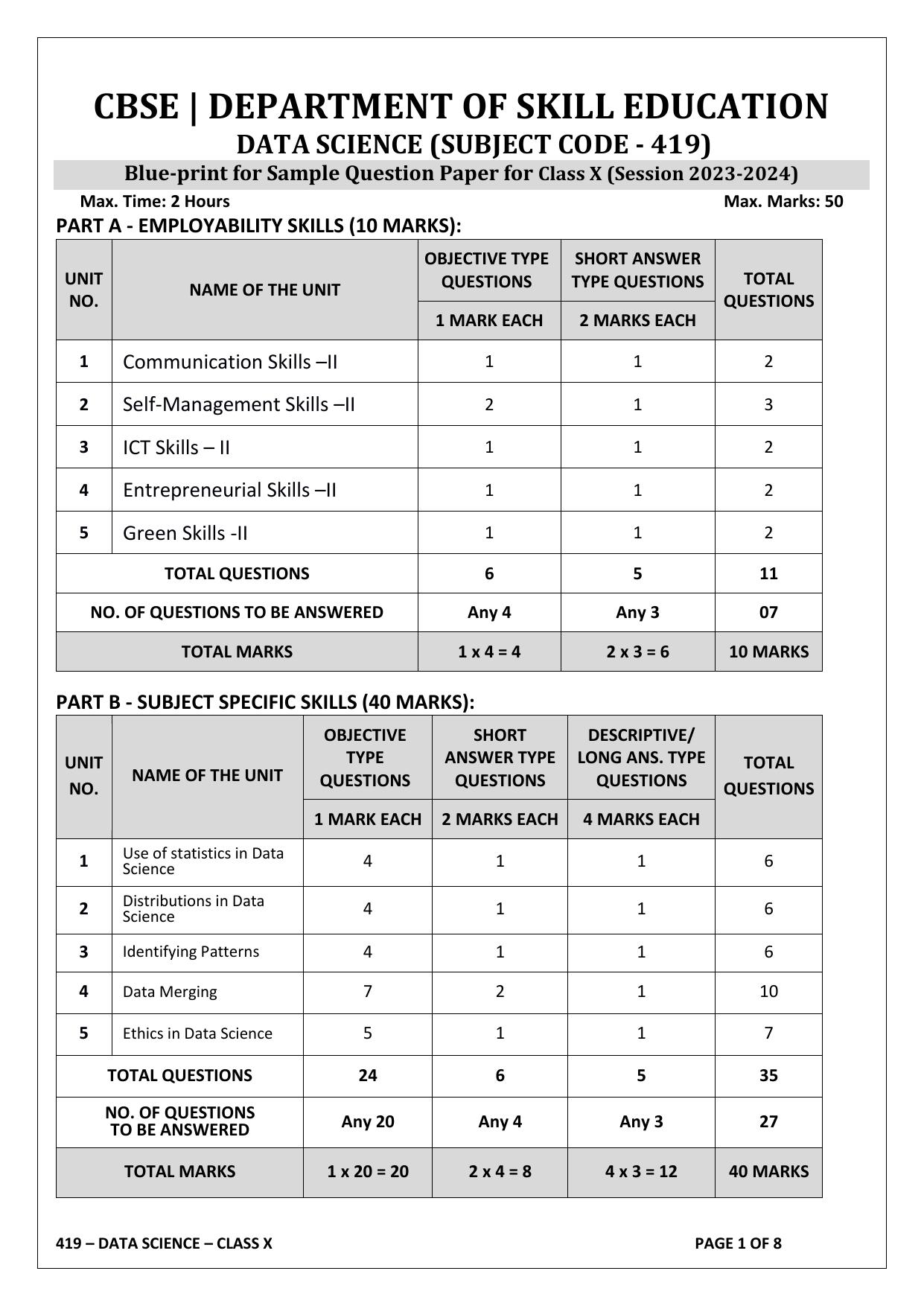 CBSE Class 10 (Skill Education) Data Science 2024 Sample Paper - Page 1