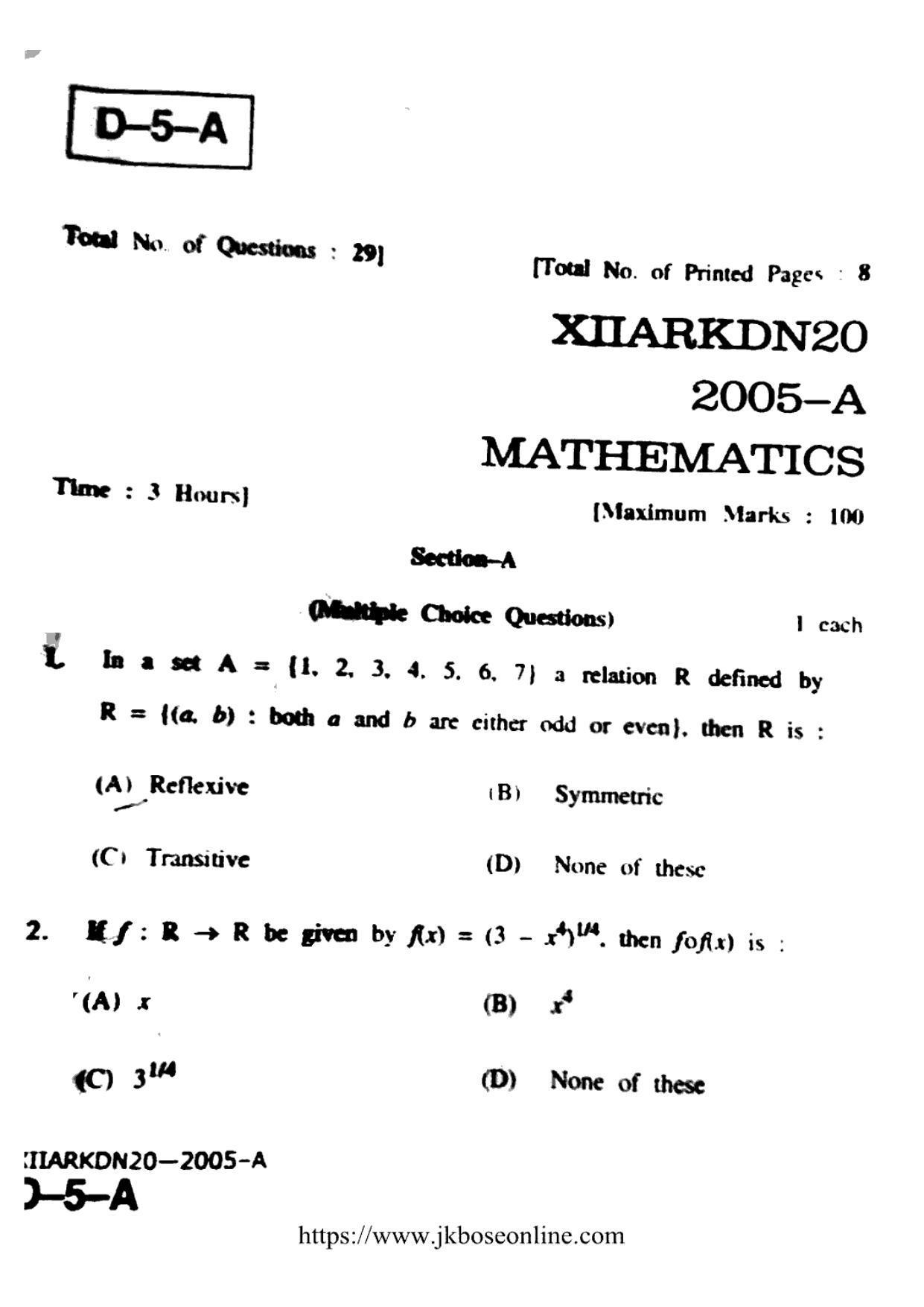 JKBOSE Class 12 Mathematics 2005-A Question Papers 2020 - Page 1