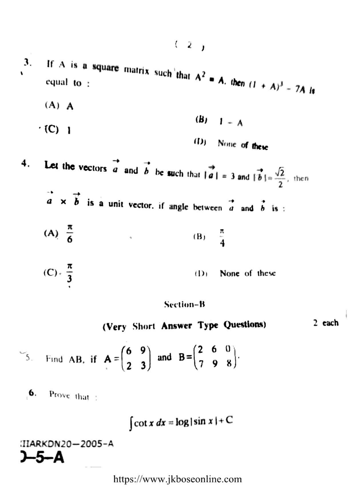 JKBOSE Class 12 Mathematics 2005-A Question Papers 2020 - Page 2