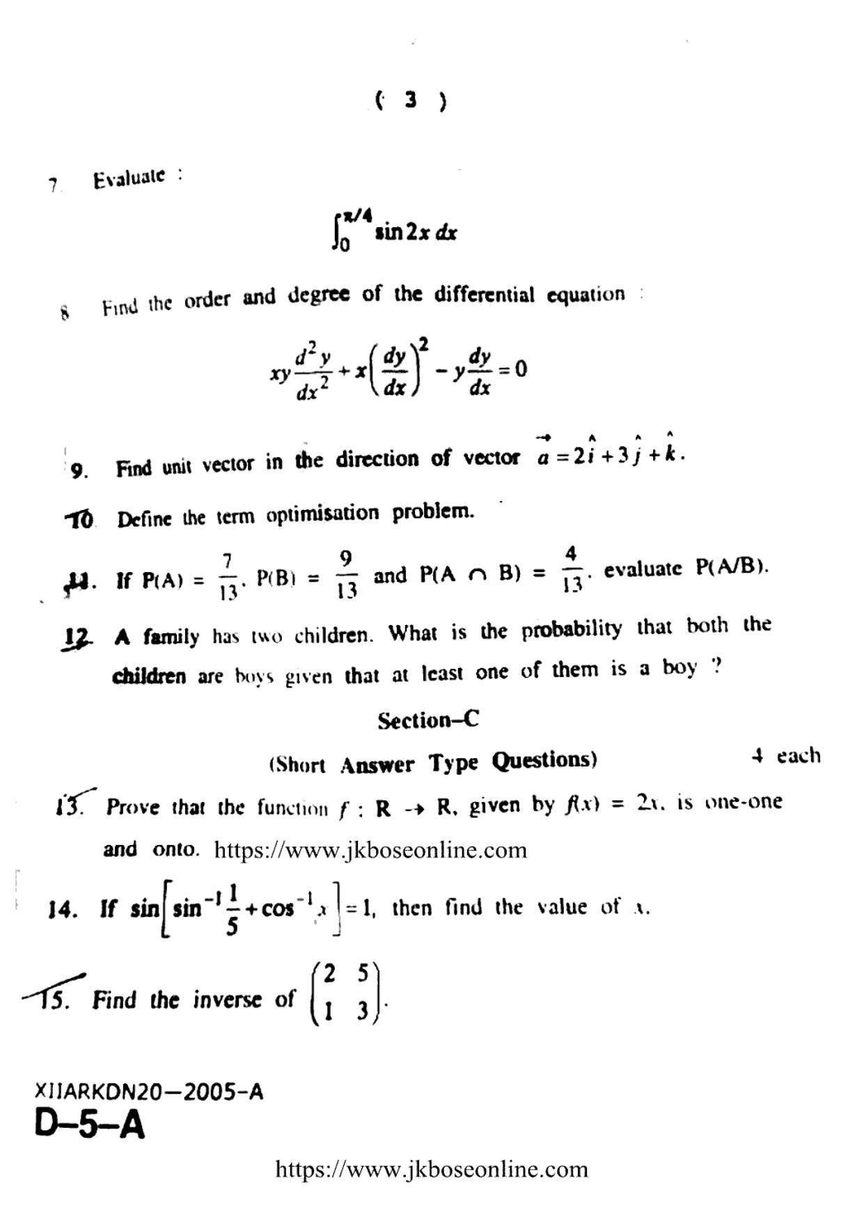 JKBOSE Class 12 Mathematics 2005-A Question Papers 2020 - Page 7