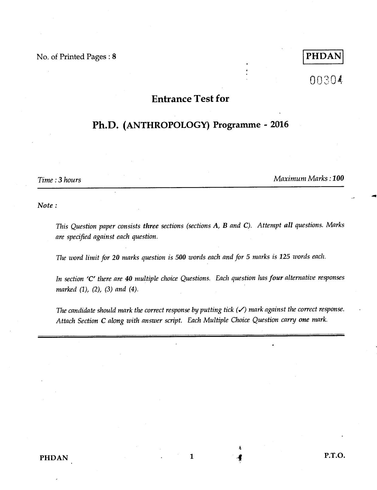 IGNOU PhD Entrance Test Ph.D. (Anthropology) Programme 2016 Question Paper - Page 1