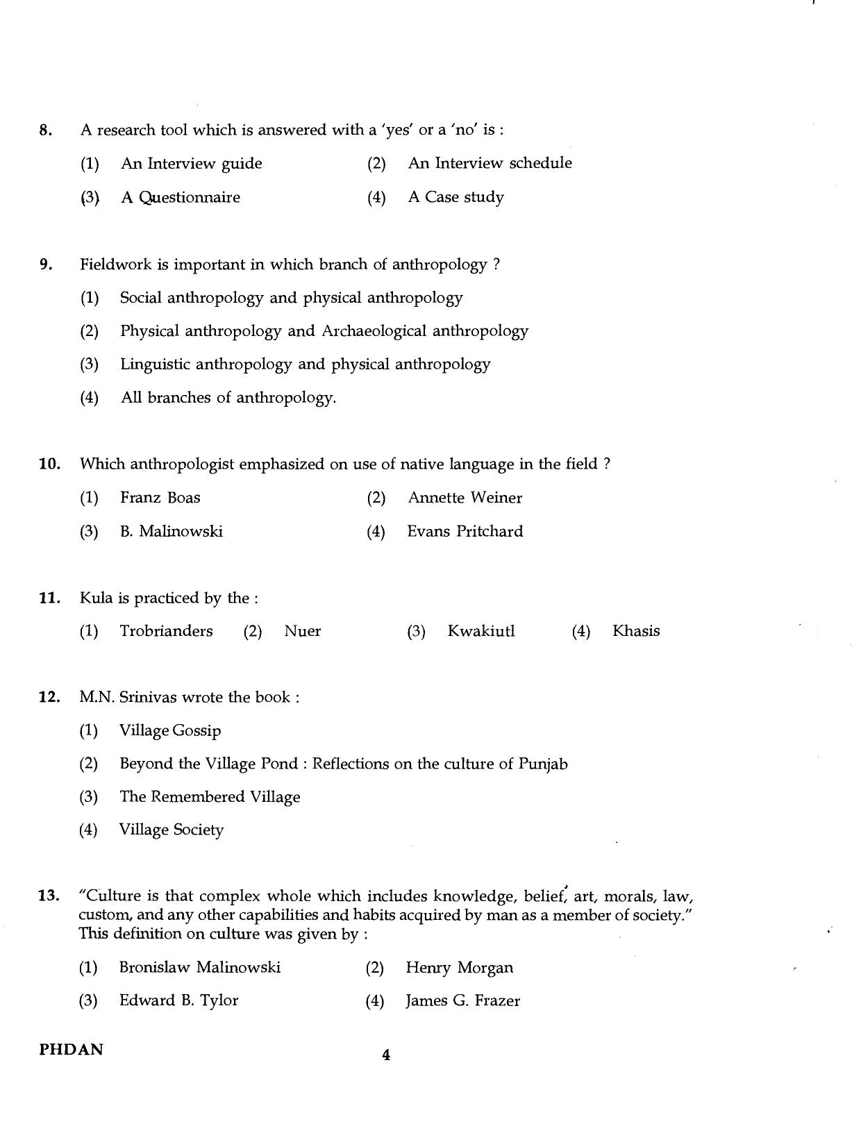 IGNOU PhD Entrance Test Ph.D. (Anthropology) Programme 2016 Question Paper - Page 4