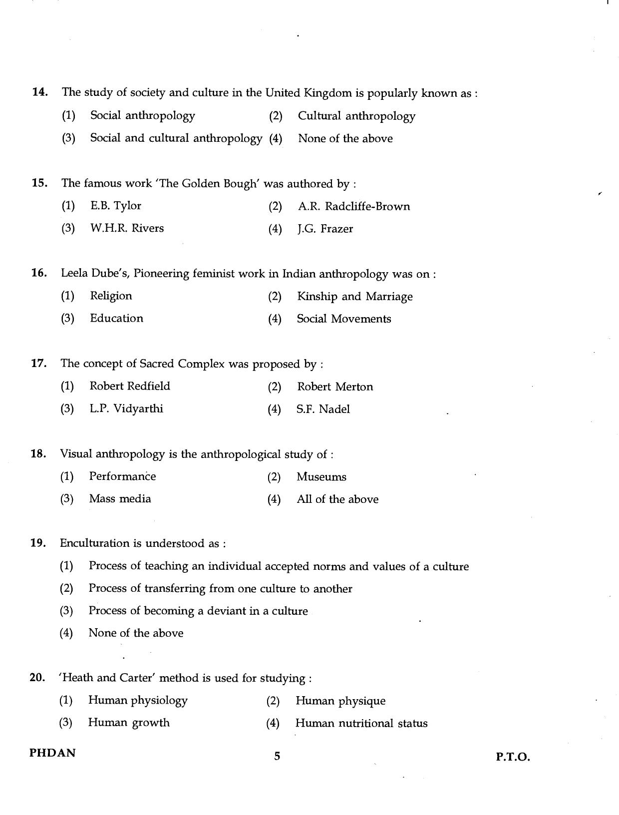IGNOU PhD Entrance Test Ph.D. (Anthropology) Programme 2016 Question Paper - Page 5