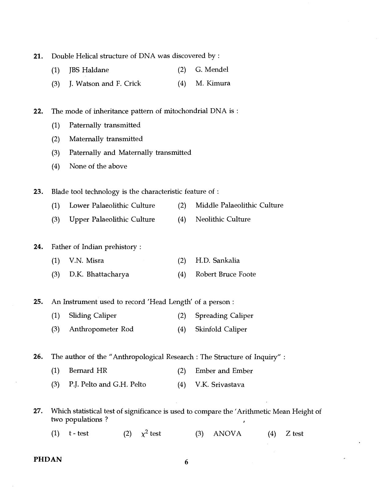 IGNOU PhD Entrance Test Ph.D. (Anthropology) Programme 2016 Question Paper - Page 6