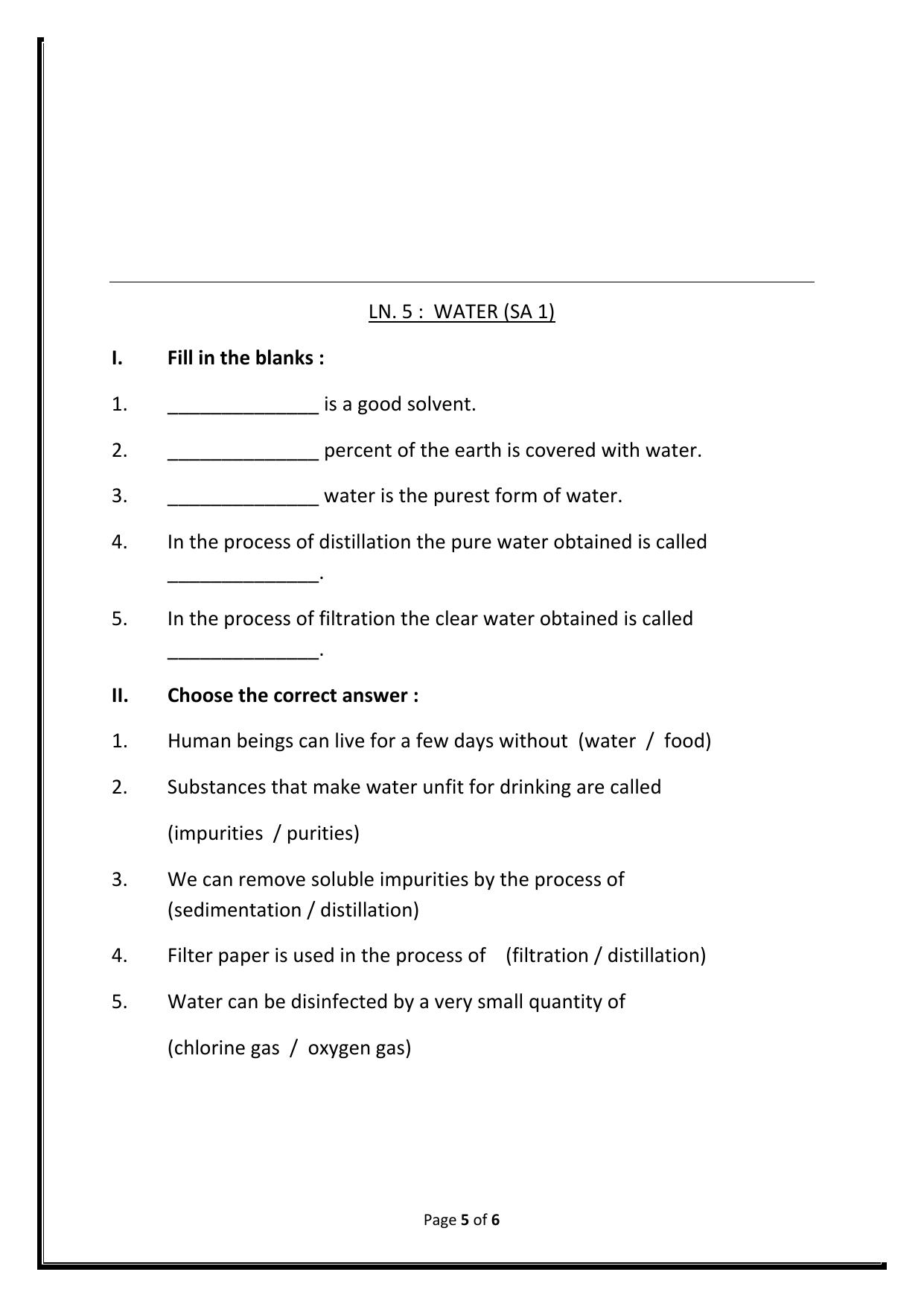Worksheet for Class 5 Science Water Assignment 2 - Page 1
