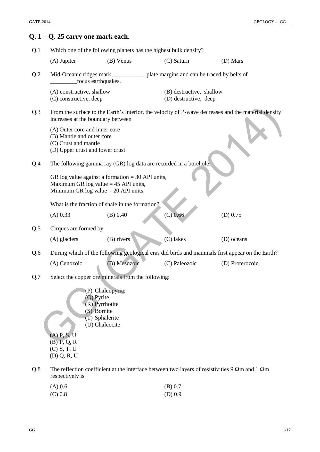 GATE 2014 Geology and Geophysics (GG) Question Paper with Answer Key - Page 7