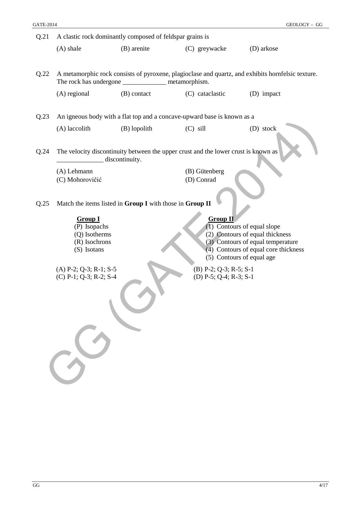 GATE 2014 Geology and Geophysics (GG) Question Paper with Answer Key - Page 10