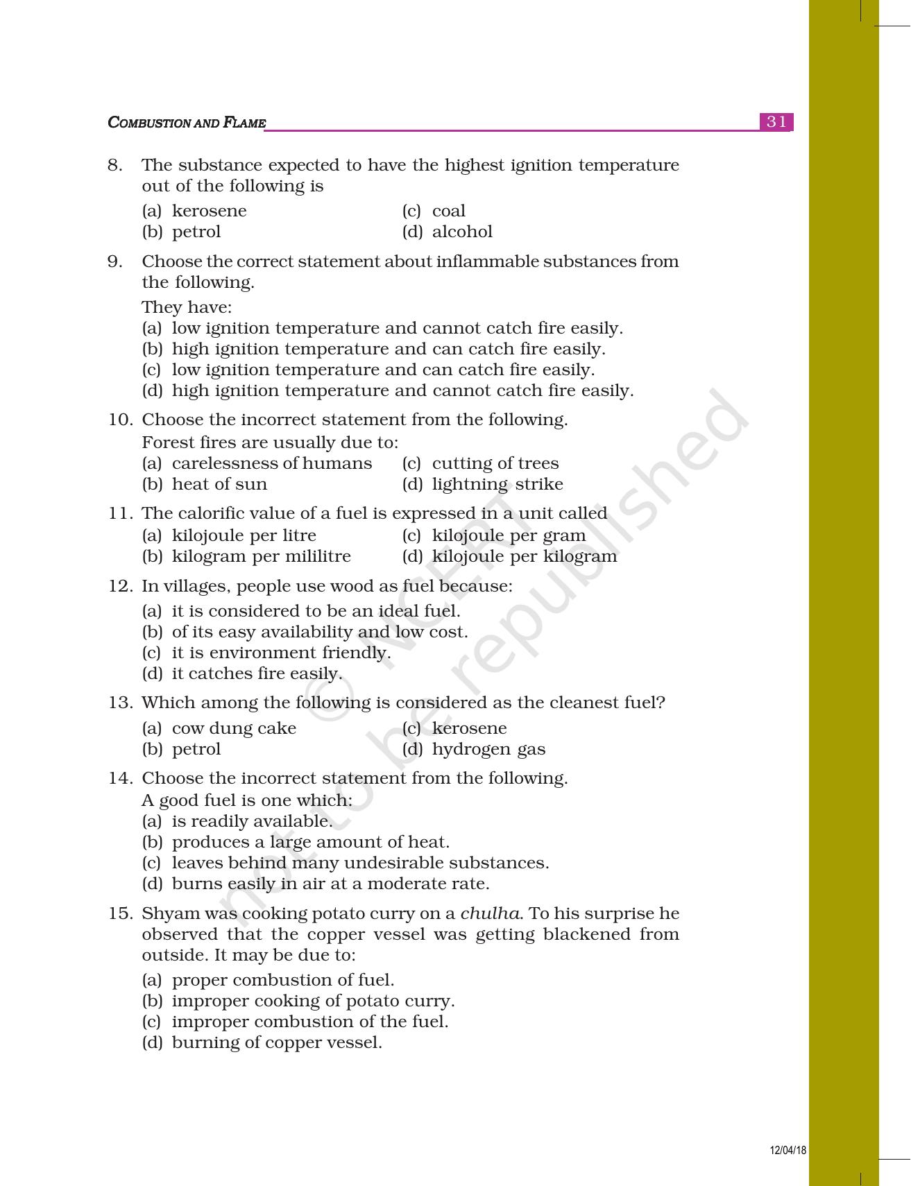 NCERT Exemplar Book for Class 8 Science Chapter 6- Combustion and Flame