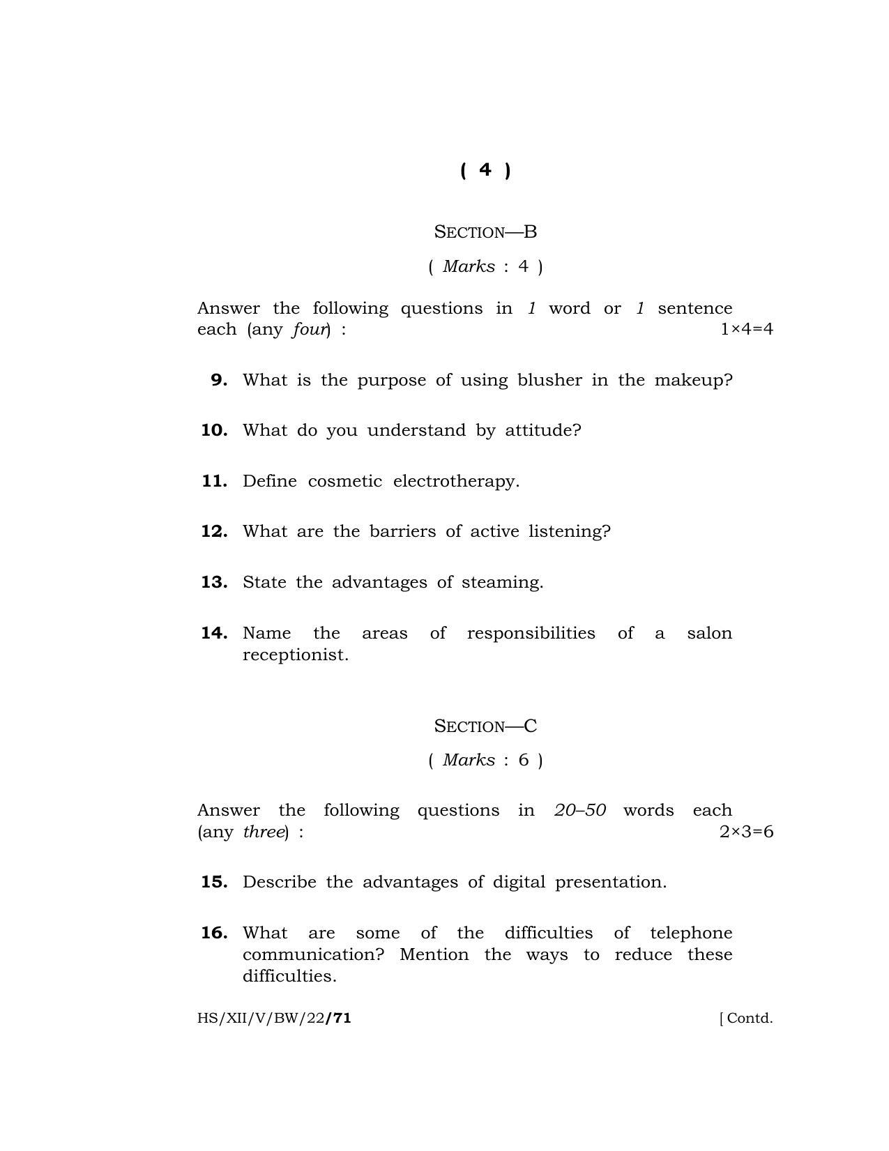 Meghalaya Board (MBOSE) Class 12 Beauty and Wellness (HS_XII_A. Sc. Com_BW_22) 2022 Question Paper - Page 4