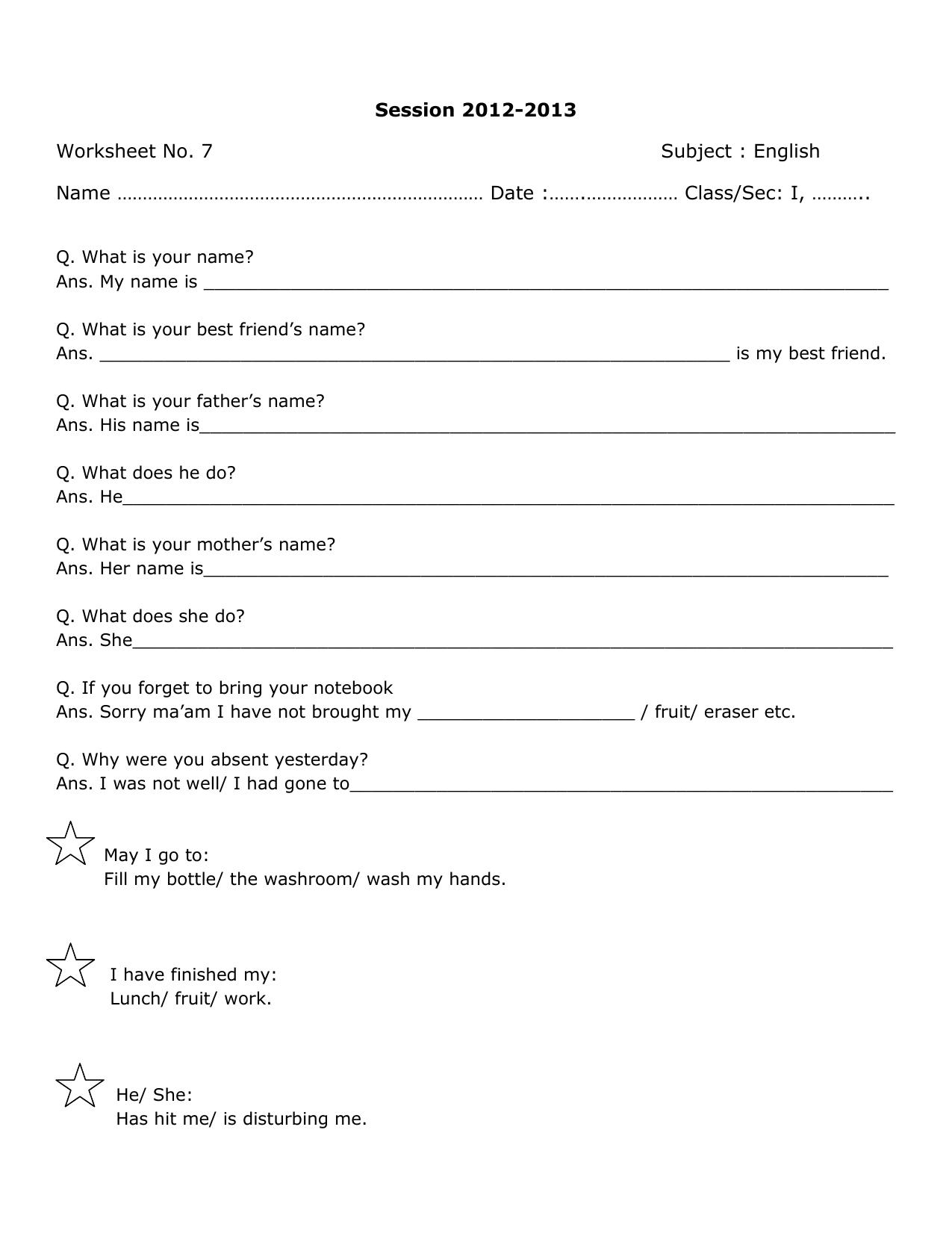 Worksheet for Class 1 English Assignment 8 - Page 1
