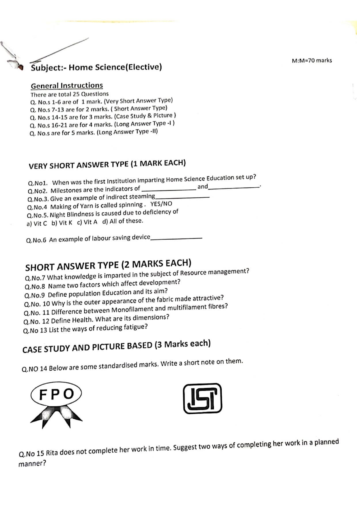 JKBOSE Class 11 Home Science Model Question Paper - Page 1