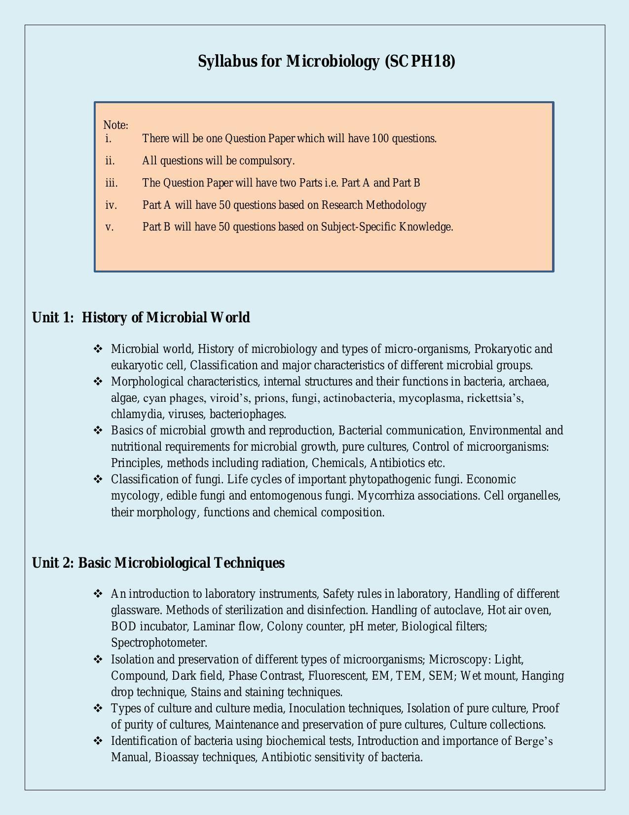 NTA PhD Entrance Exam Microbiology Syllabus - Page 1