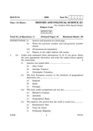 Goa Board Class 10 History And Political Science Cwsn E English (March 2019) Question Paper