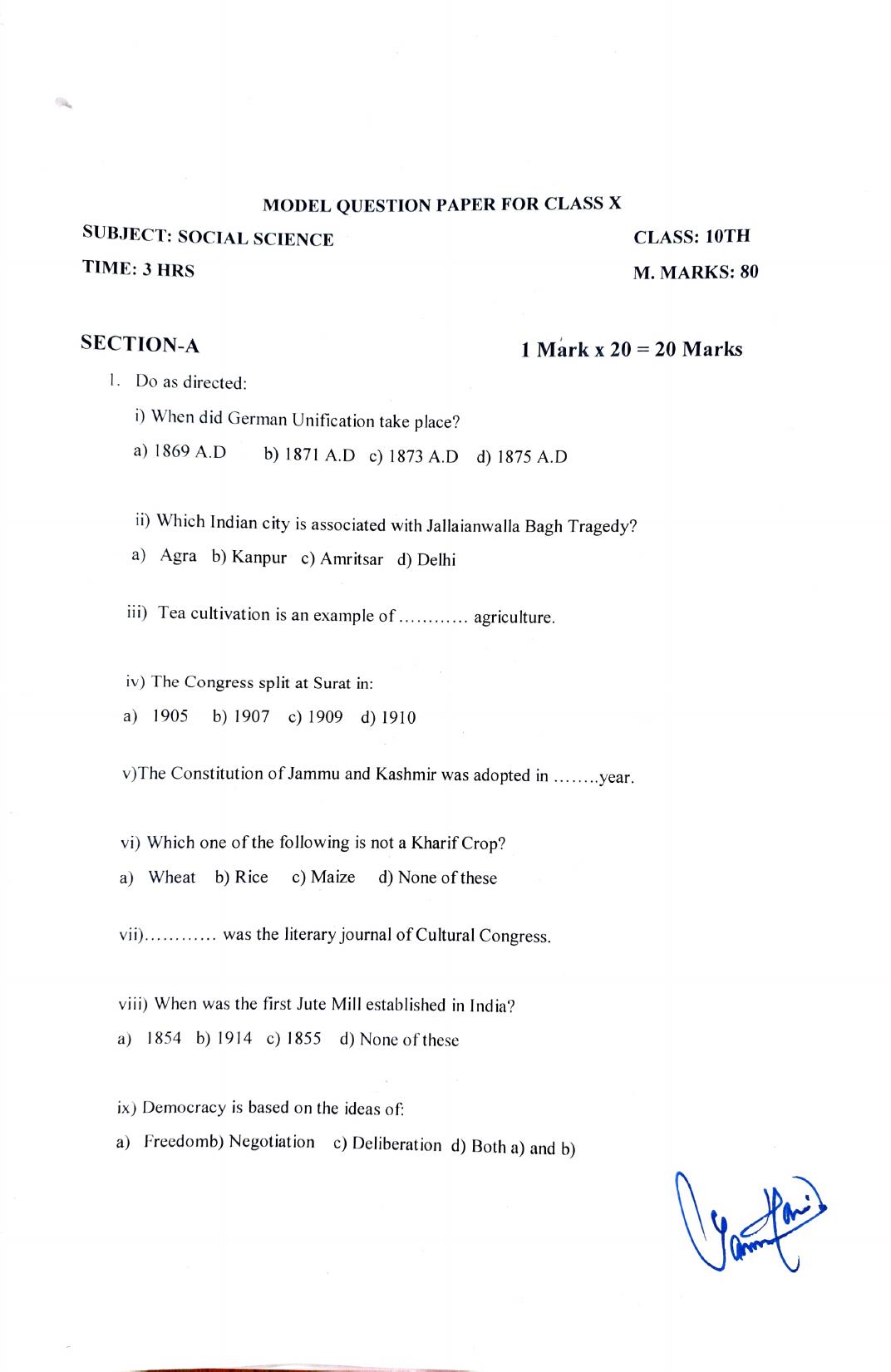 JKBOSE Class 10 SST 2024 Model Question Paper - Page 1