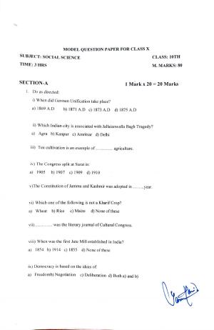 JKBOSE Class 10 SST 2024 Model Question Paper