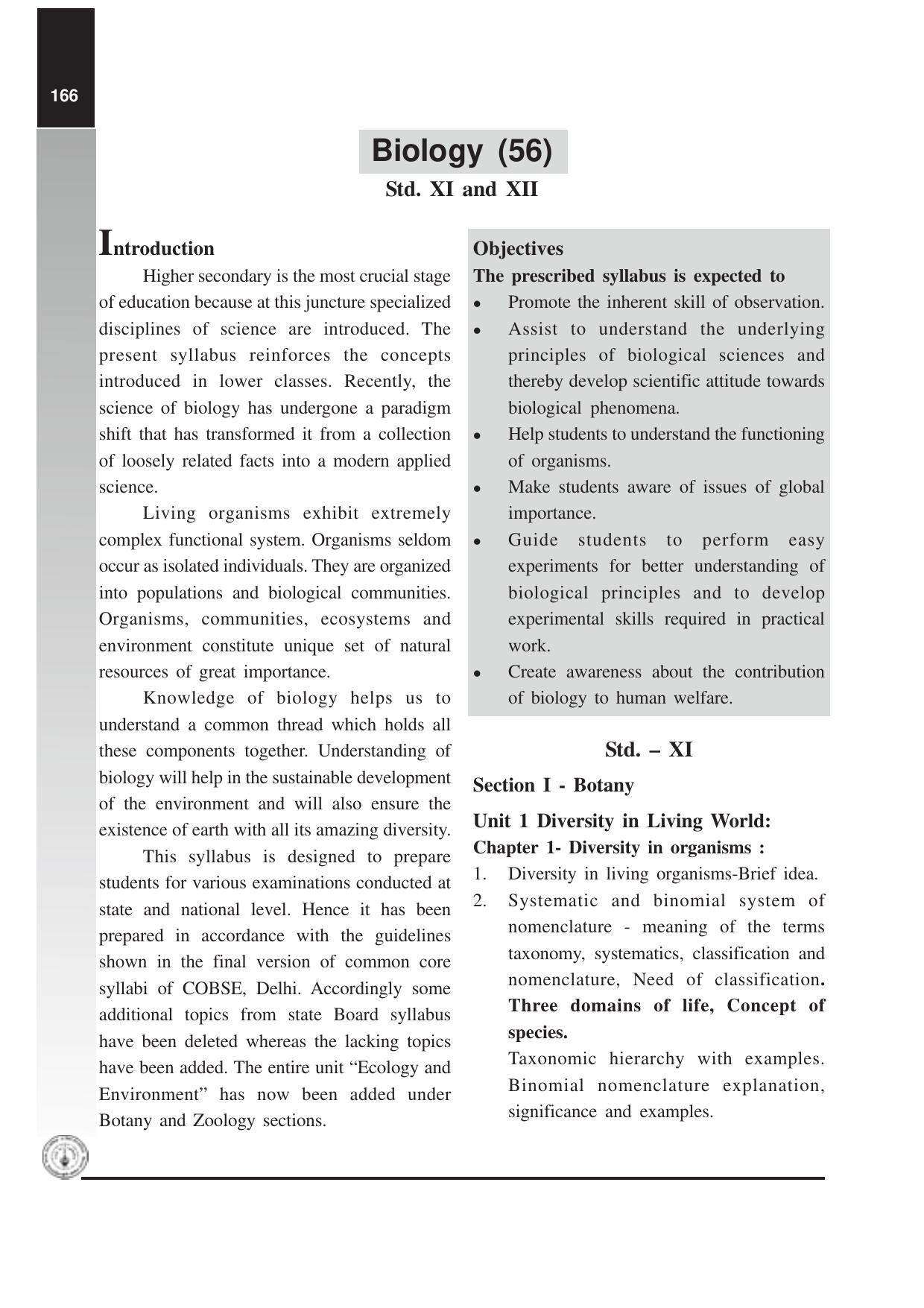 Maharashtra HSC Biology Syllabus  - Page 1
