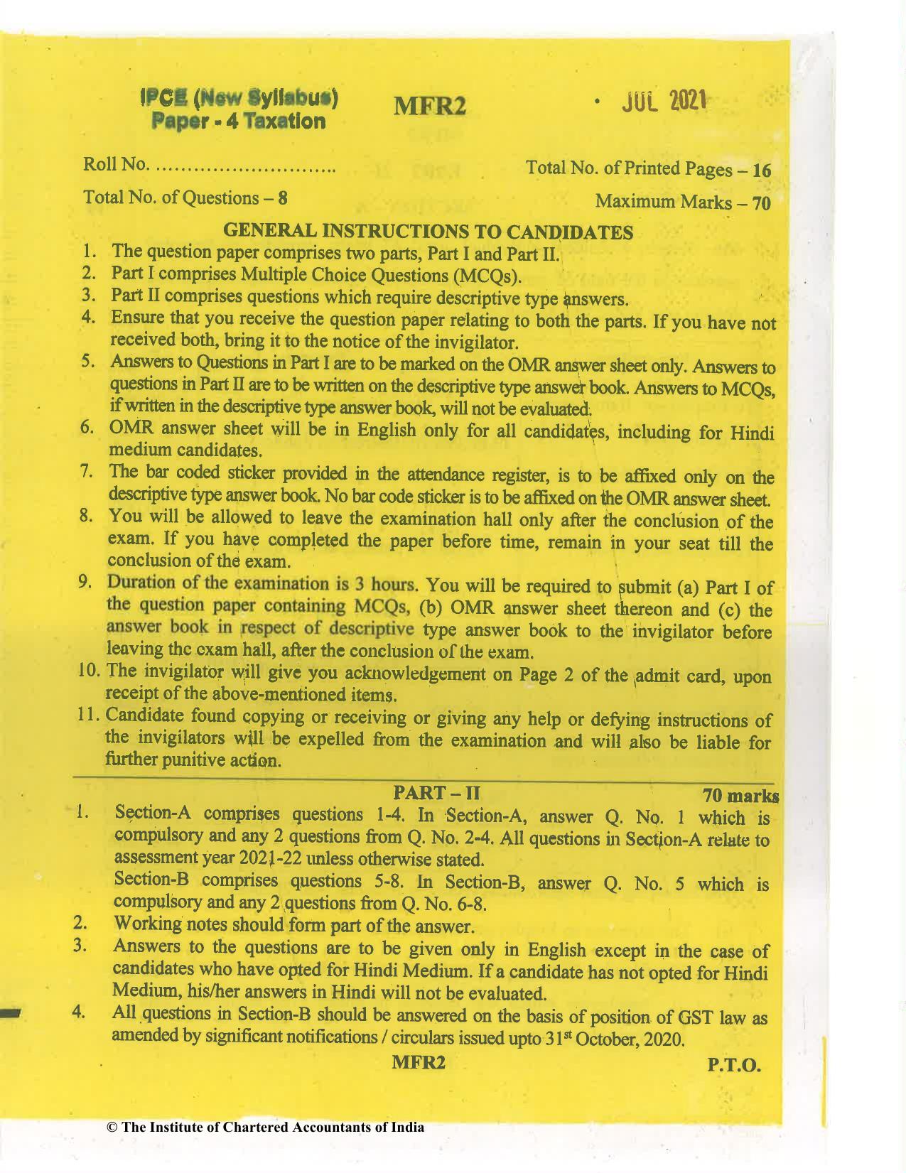 CA Inter Jul 2021 Question Paper - Paper 4 – Taxation - Page 1
