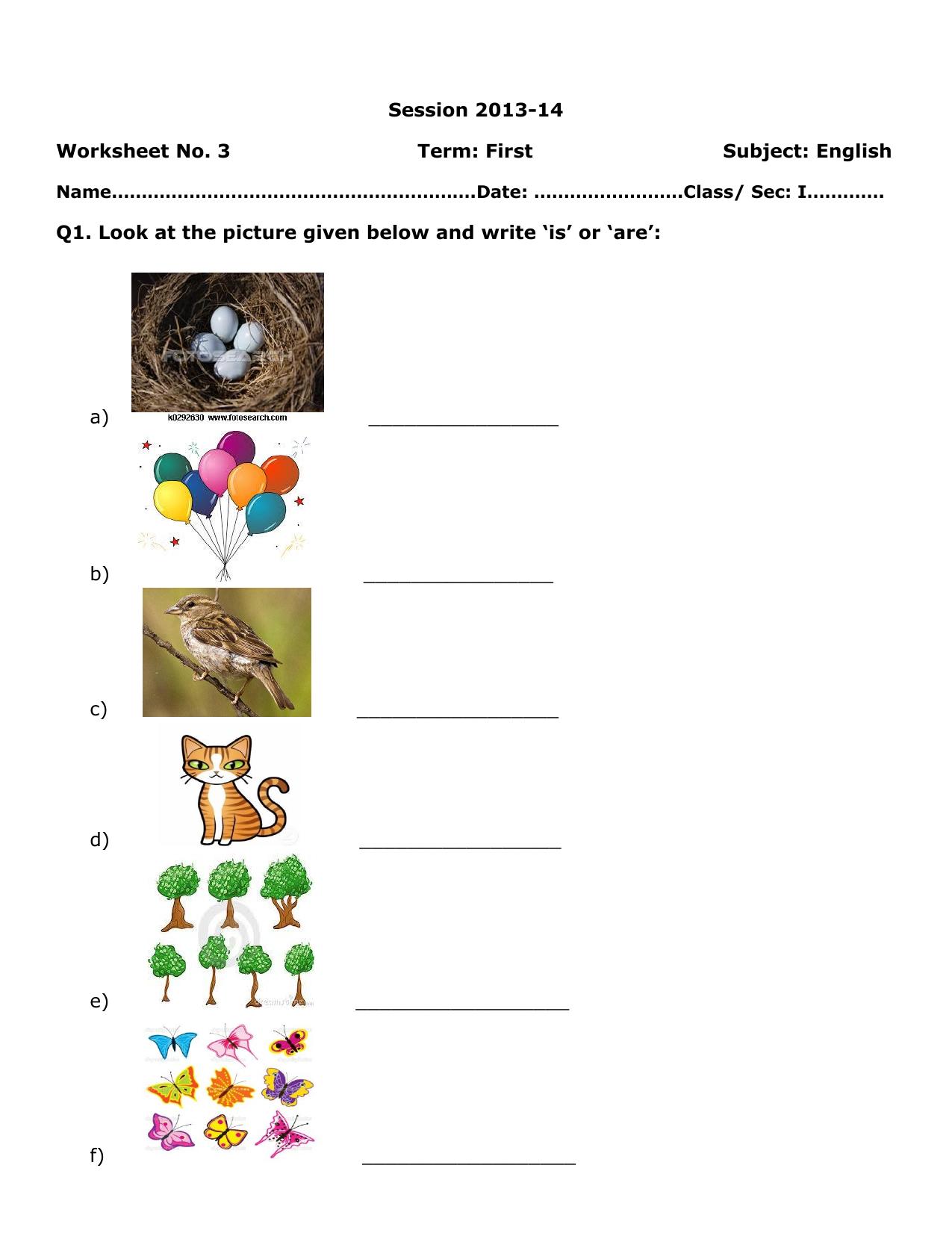 Worksheet for Class 1 English Assignment 4 - Page 1