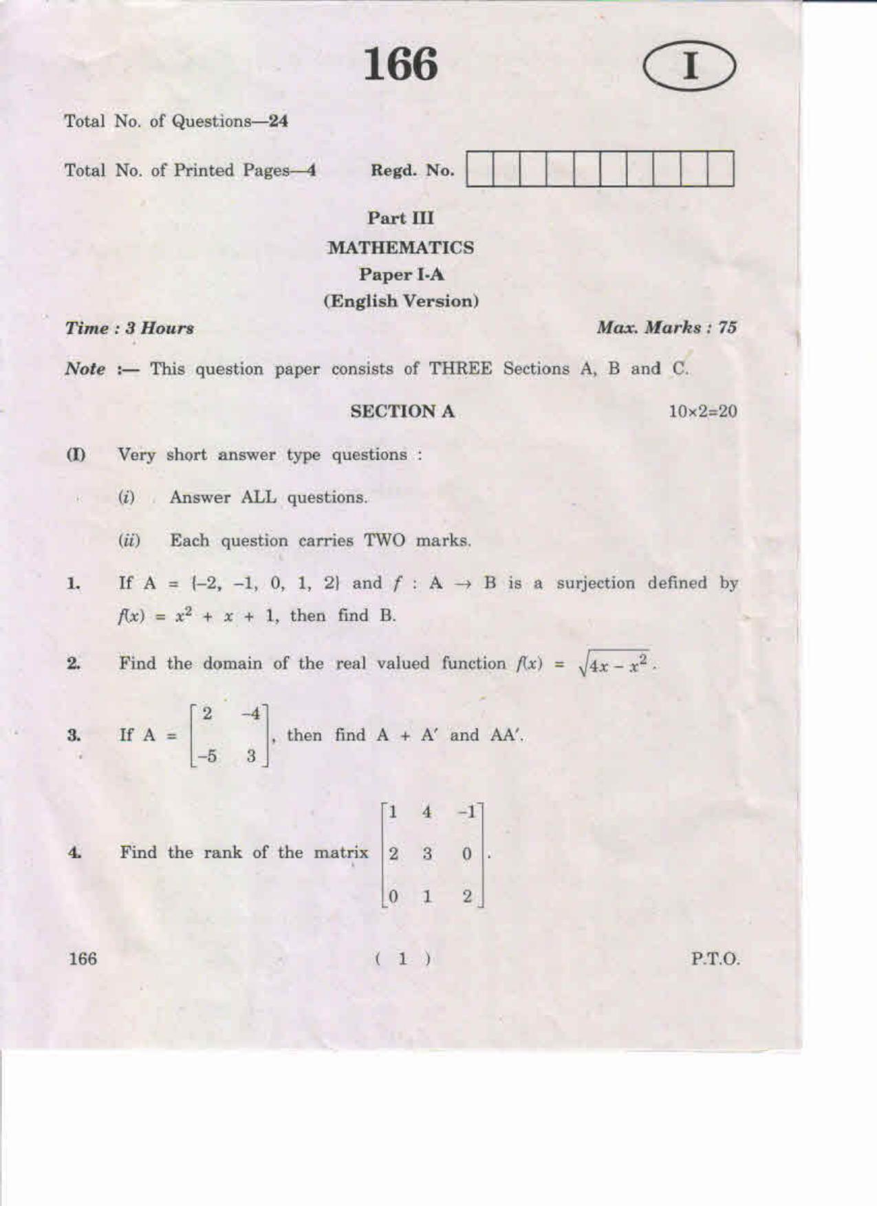 AP Inter 1st Year Mathematics-IA (EM) May-2019-General Question Paper - Page 1