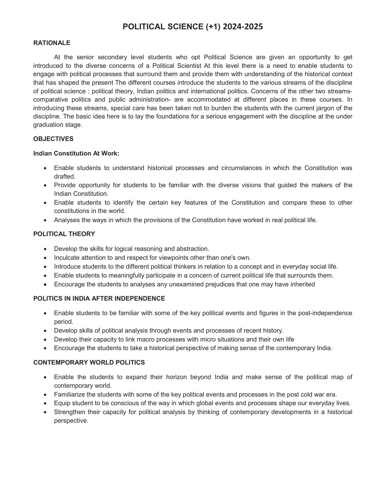 HP Board Class 11th Syllabus for Political Science - Page 1
