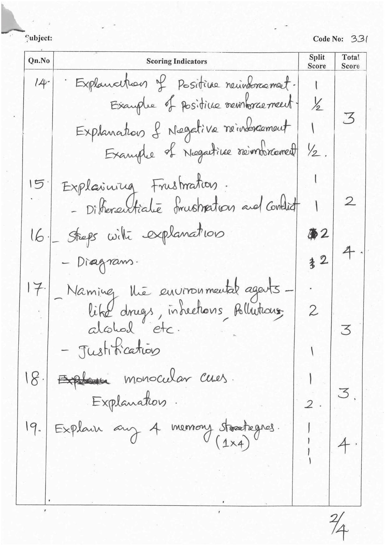 Kerala Plus One 2016 Psychology  Answer Key - Page 2