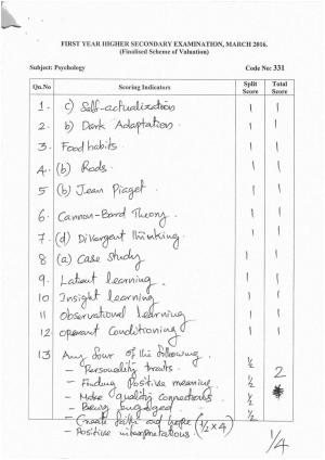 Kerala Plus One 2016 Psychology  Answer Key