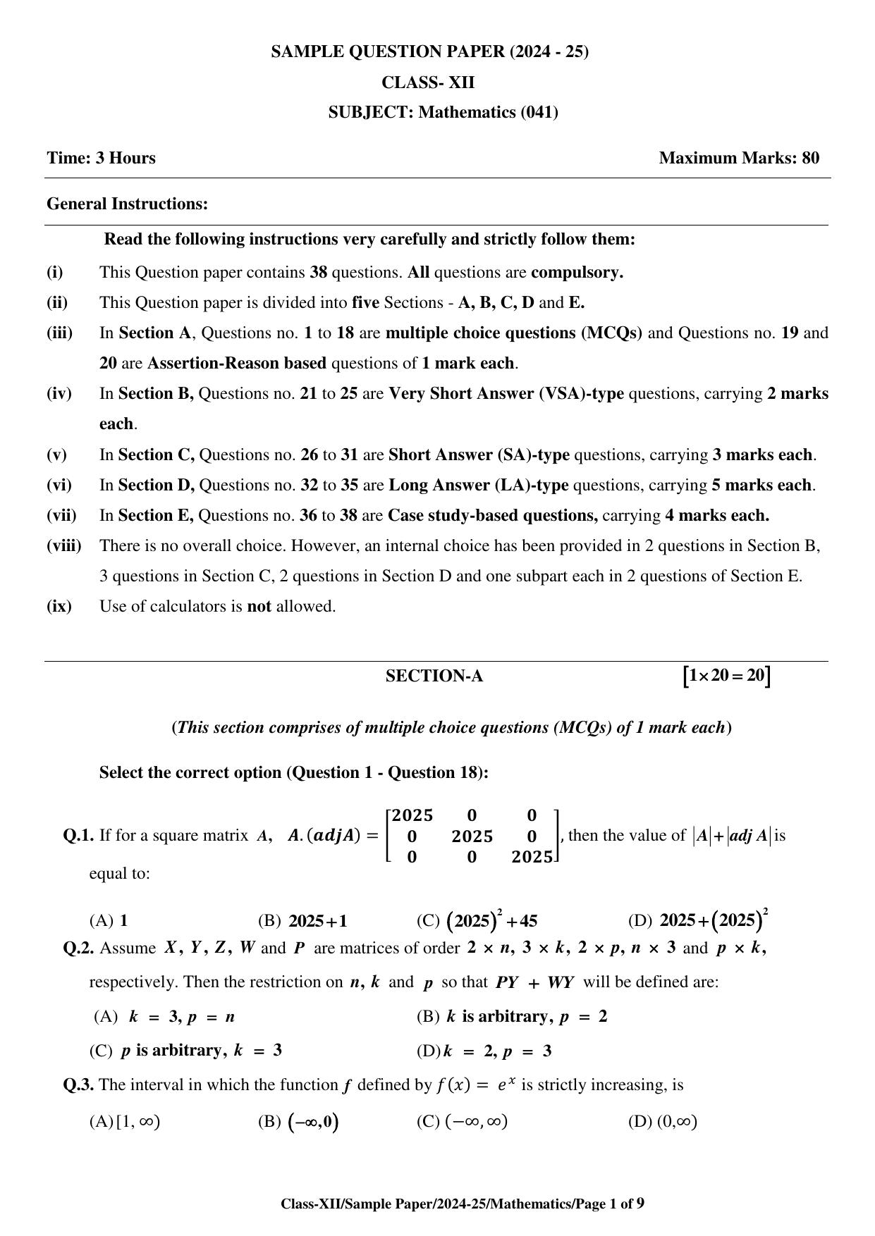 CBSE Class 12 Mathematics Sample Question Paper 2024-25 - Page 1