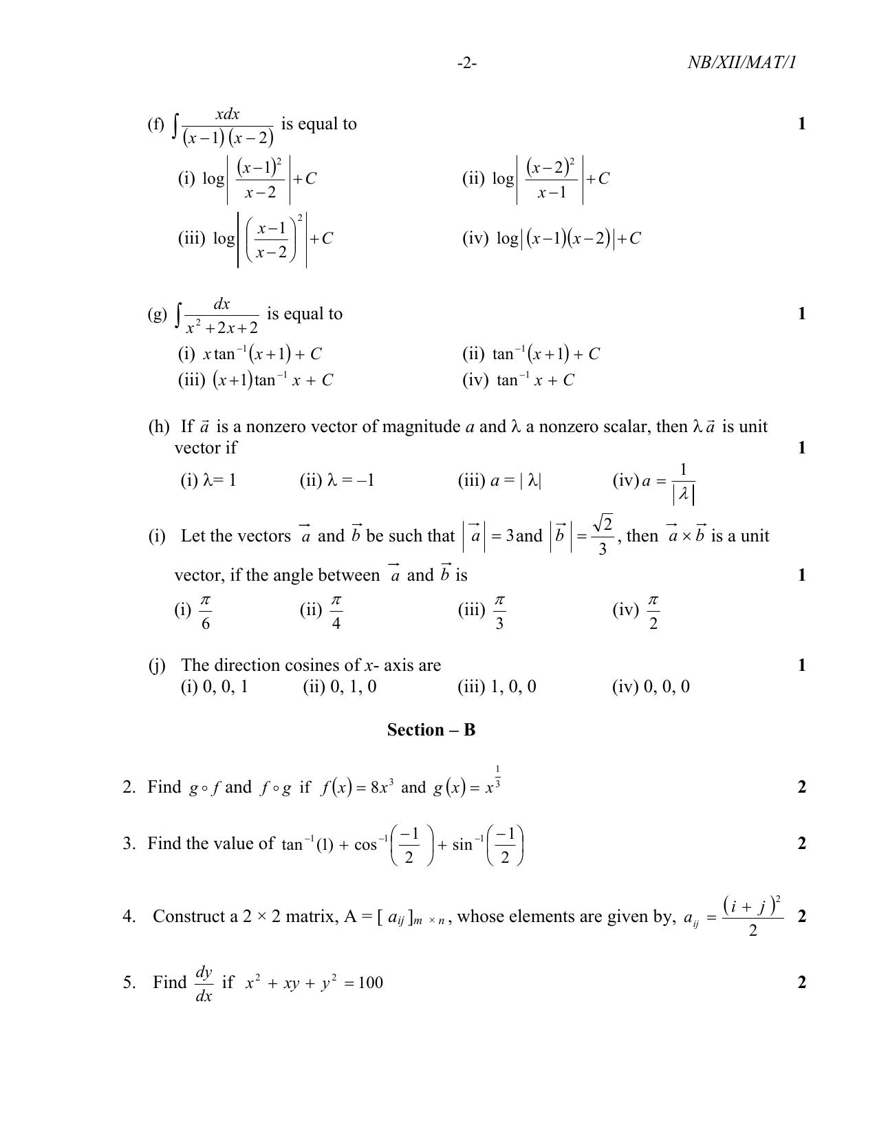 Nagaland Board Class 12 Mathematics 2021 Question Paper - Page 2