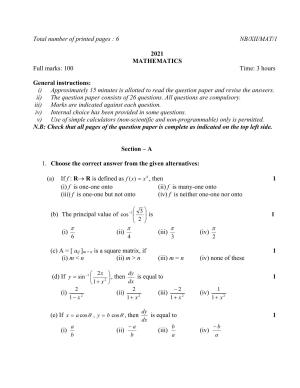 Nagaland Board Class 12 Mathematics 2021 Question Paper