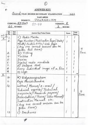 Kerala Plus Two (Class 12th)  Answer Key 2022 - Journalism