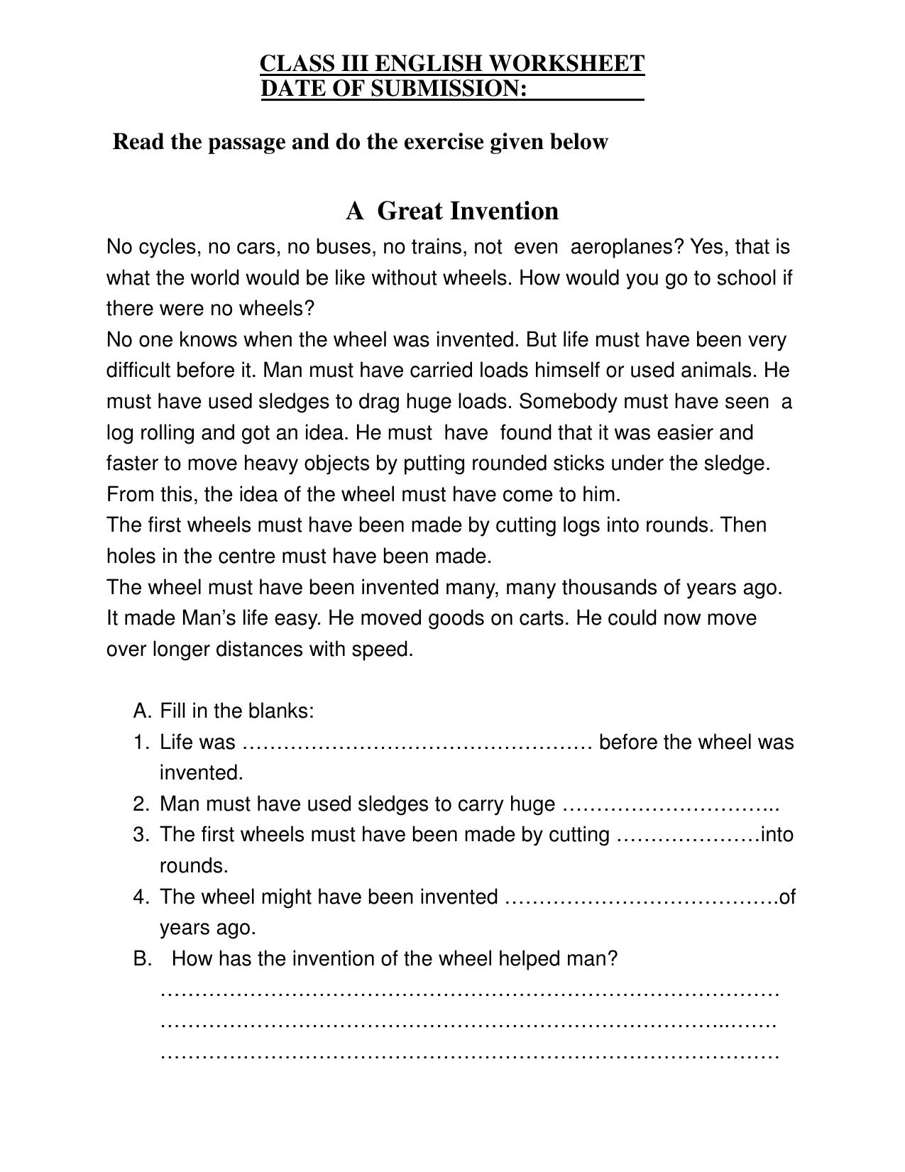 Worksheet for Class 3 English Passage Assignment - Page 1