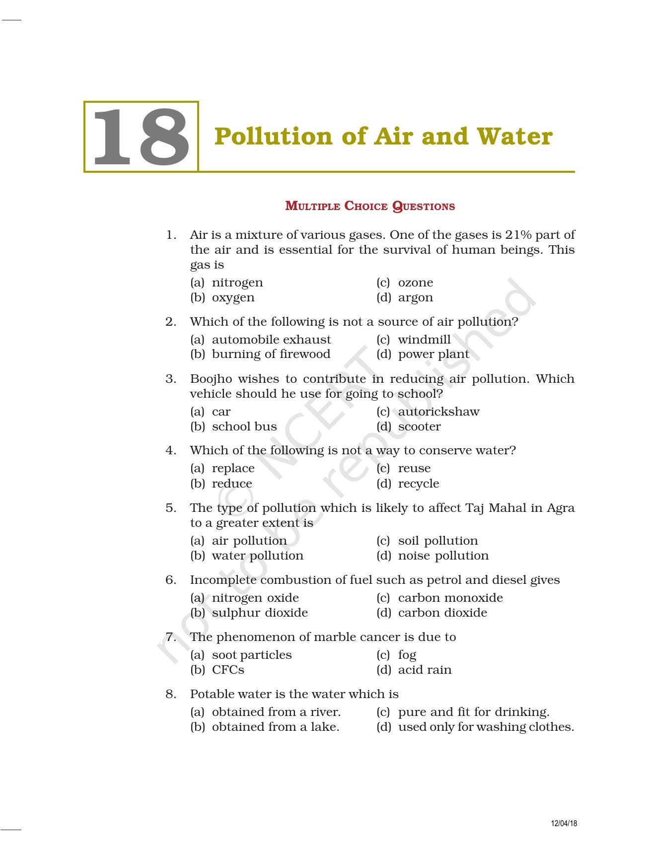 NCERT Exemplar Book for Class 8 Science: Chapter 18- Pollution of Air and Water - Page 1