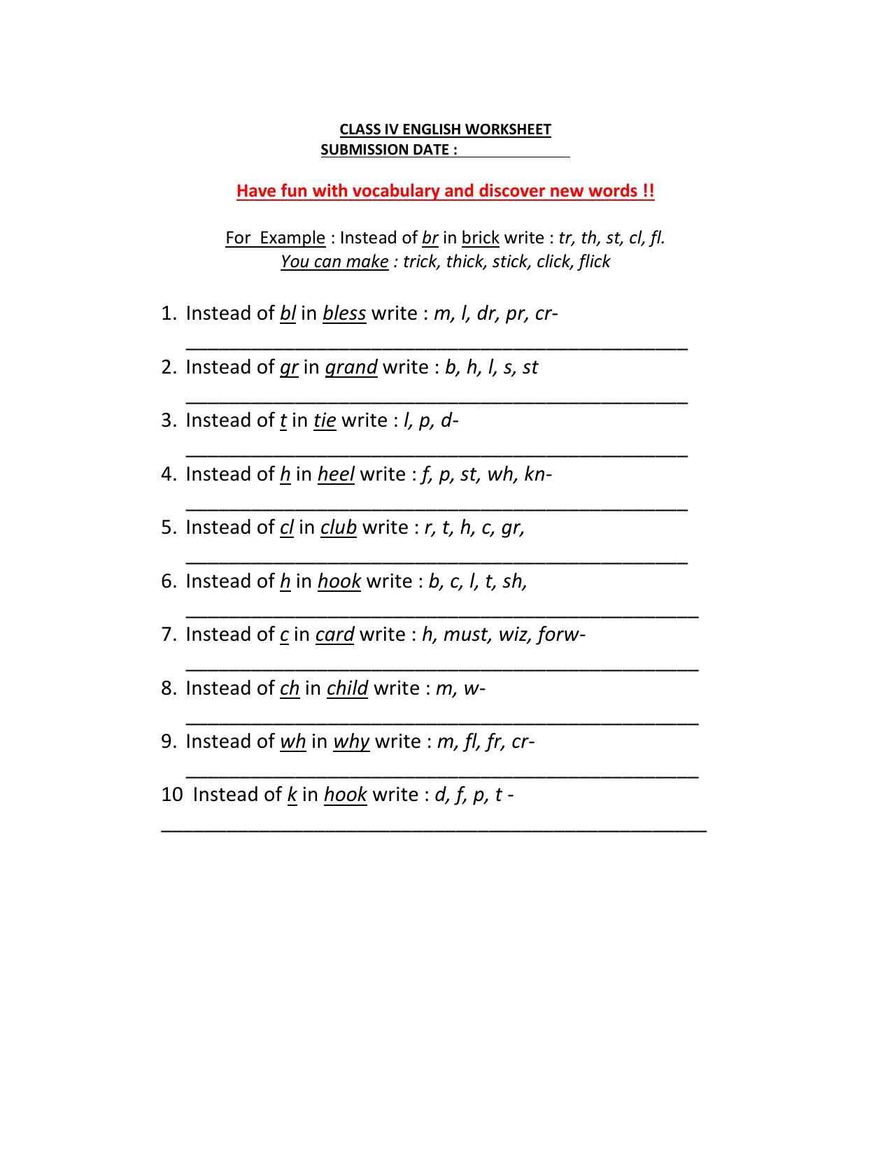 Worksheet for Class 4 English Assignment 88 Vocabulary - Page 1
