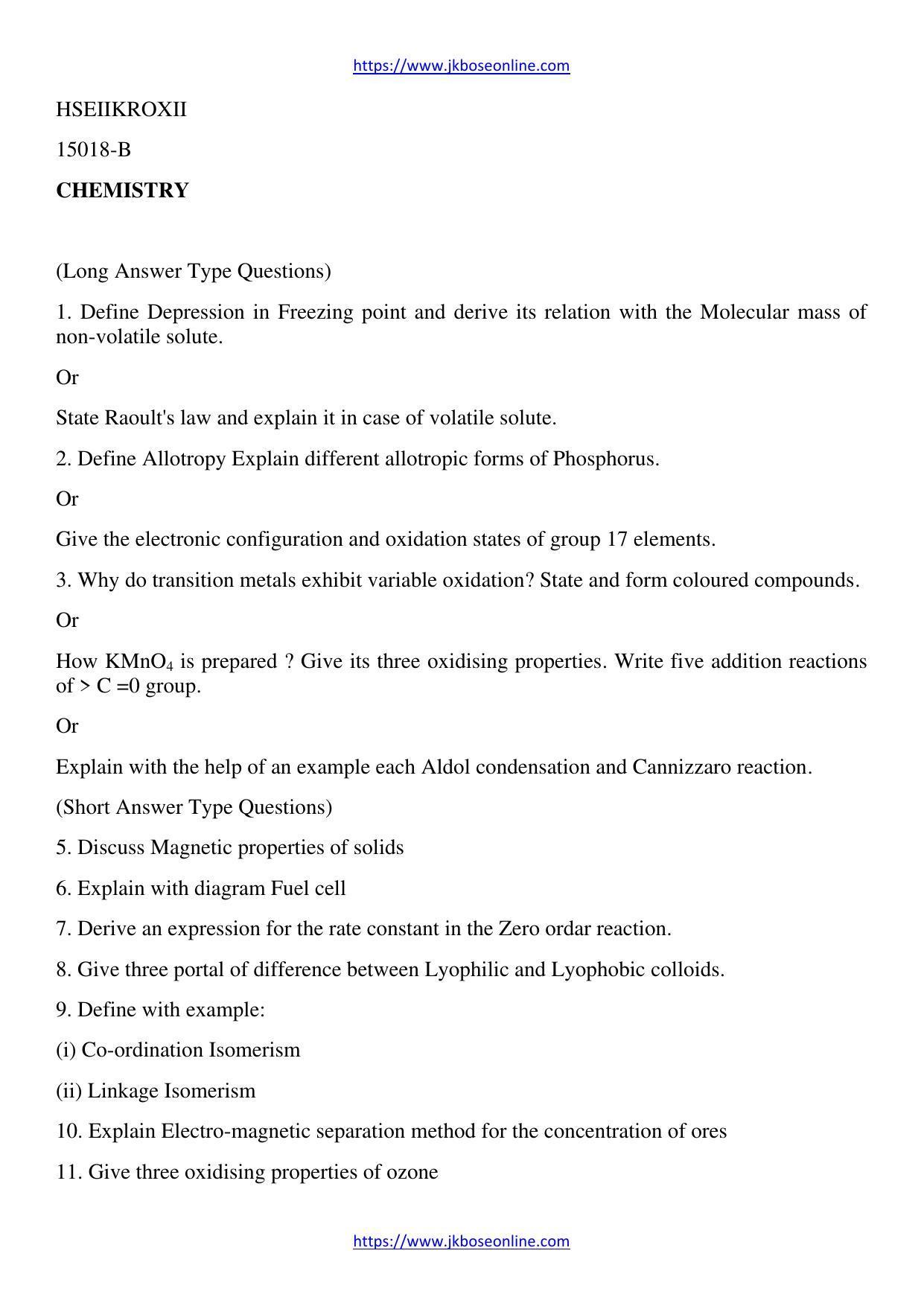 JKBOSE Class 12 Chemistry Question Papers 2012 (45018-B) - Page 1