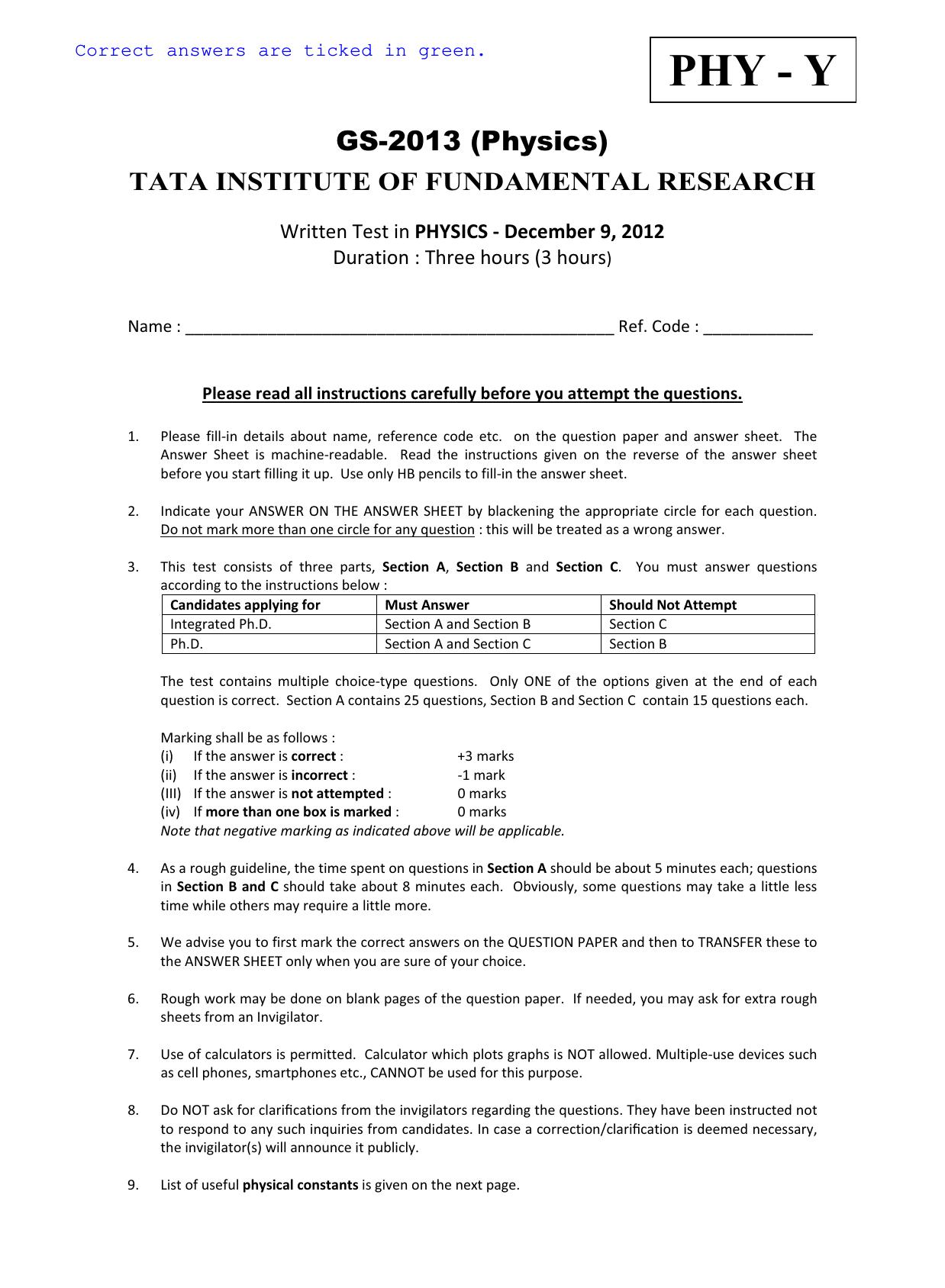 TIFR GS 2013 Physics Y Question Paper - Page 1
