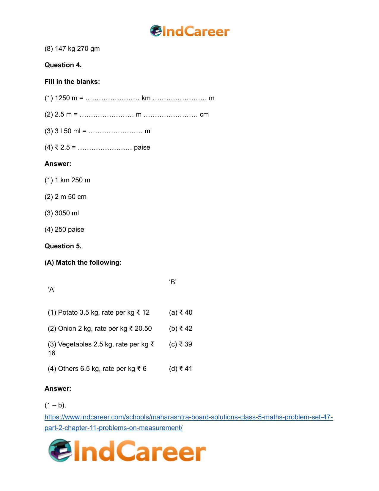Maharashtra Board Solutions Class 5-Maths (Problem Set 47) - Part 2: Chapter 11- Problems on Measurement - Page 18