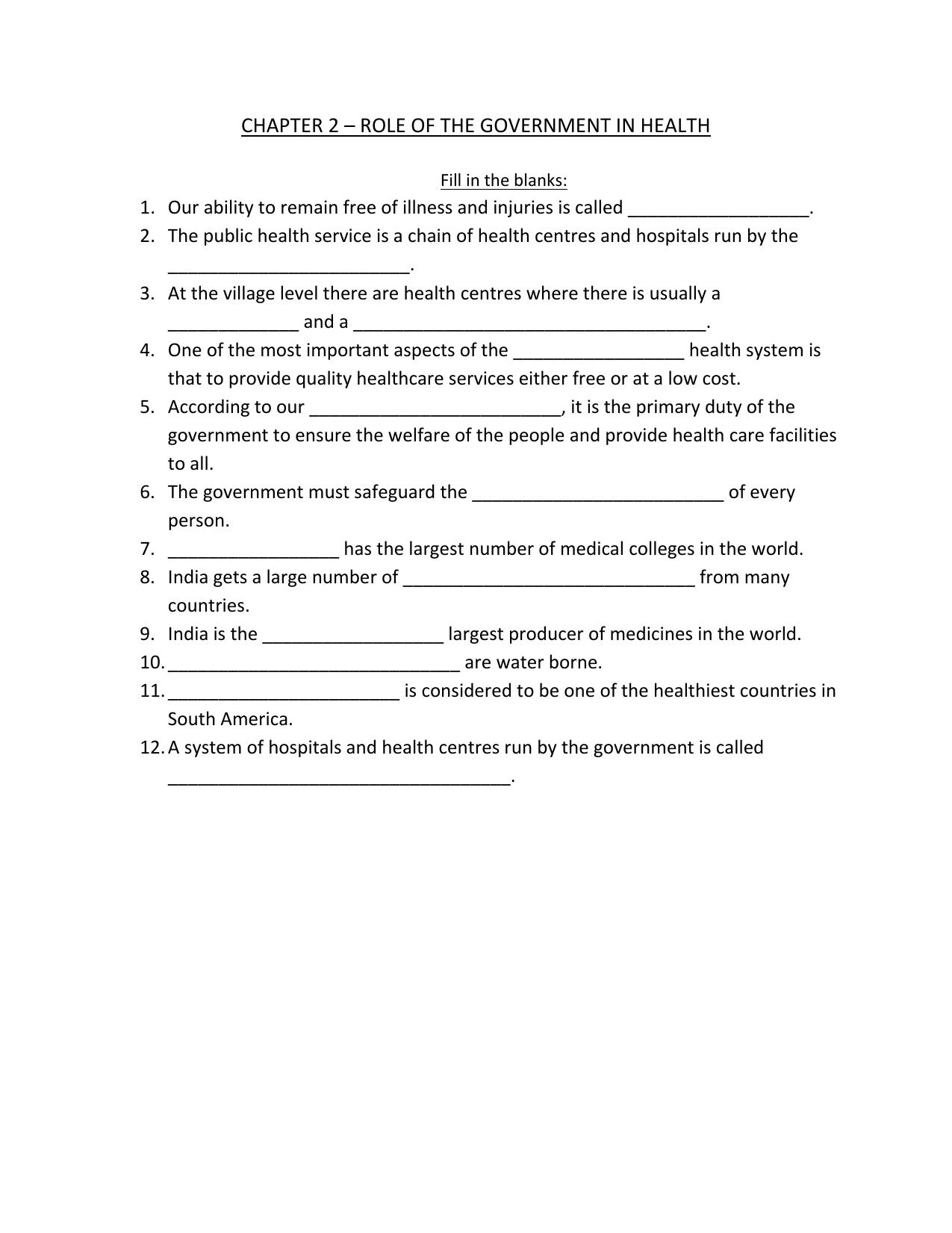 CBSE Worksheets for Class 7 Geography Role Of The Government In Health Assignment 2 - Page 1
