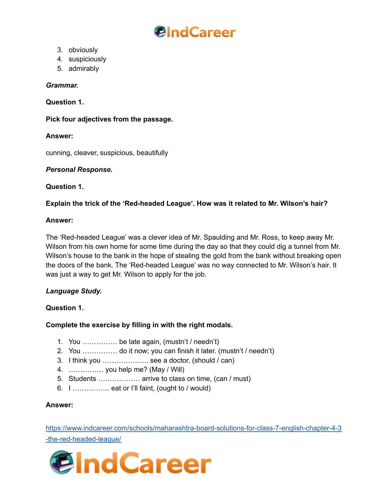 Maharashtra Board Solutions for Class 7- English: Chapter 4.3- The Red-Headed League - Page 30