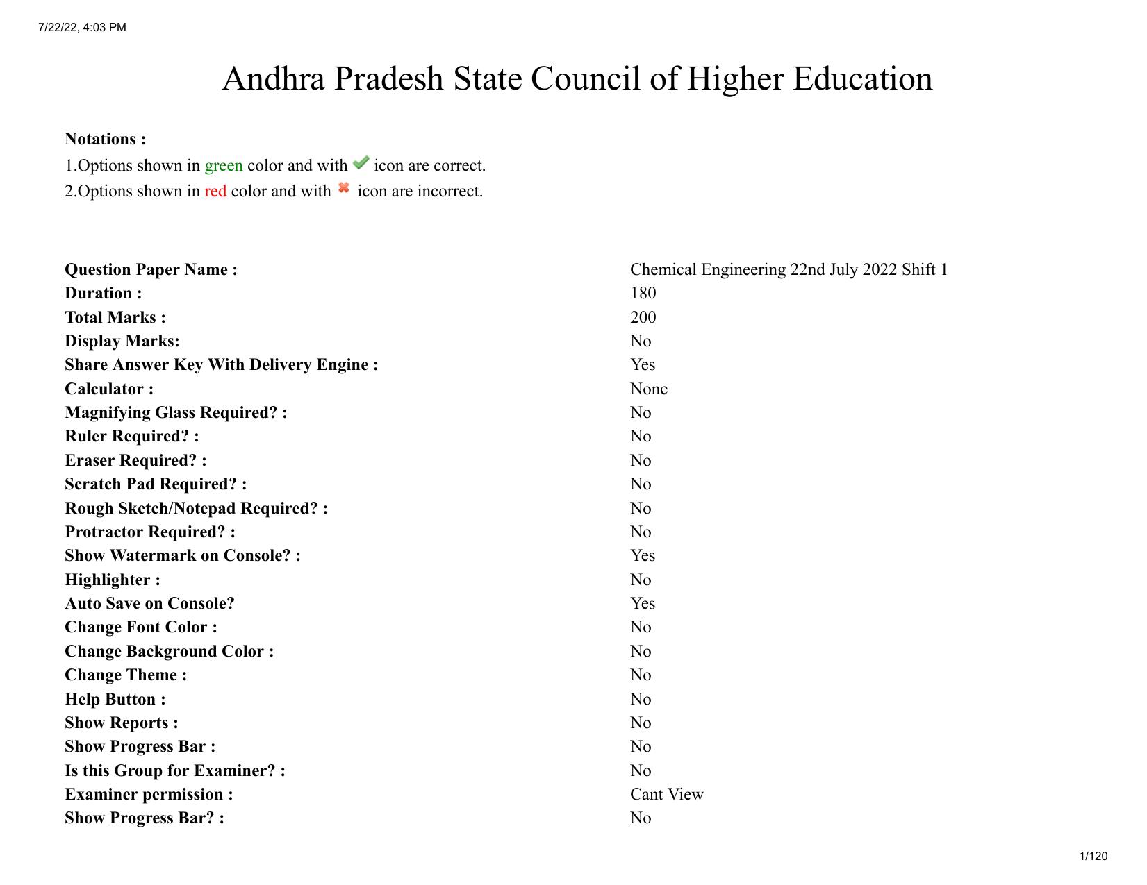 AP ECET 2022 - CHEMICAL ENGINEERING Question Paper With Preliminary Keys  - Page 1