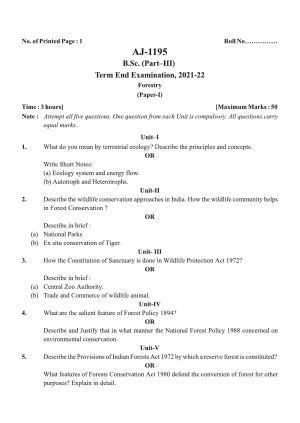 Bilaspur University Question Paper 2021-2022:B. Sc. Part-III (Three) Forestry Paper 1